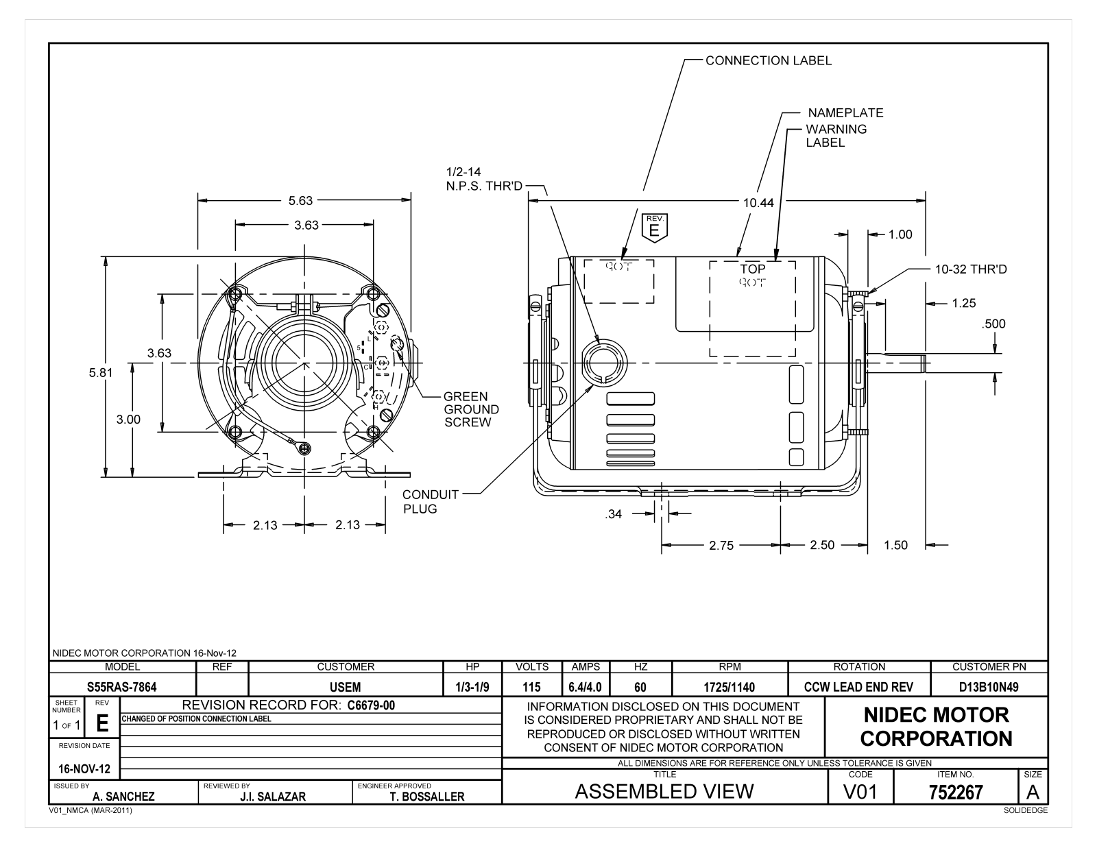 US Motors D13B10N49 Dimensional Sheet