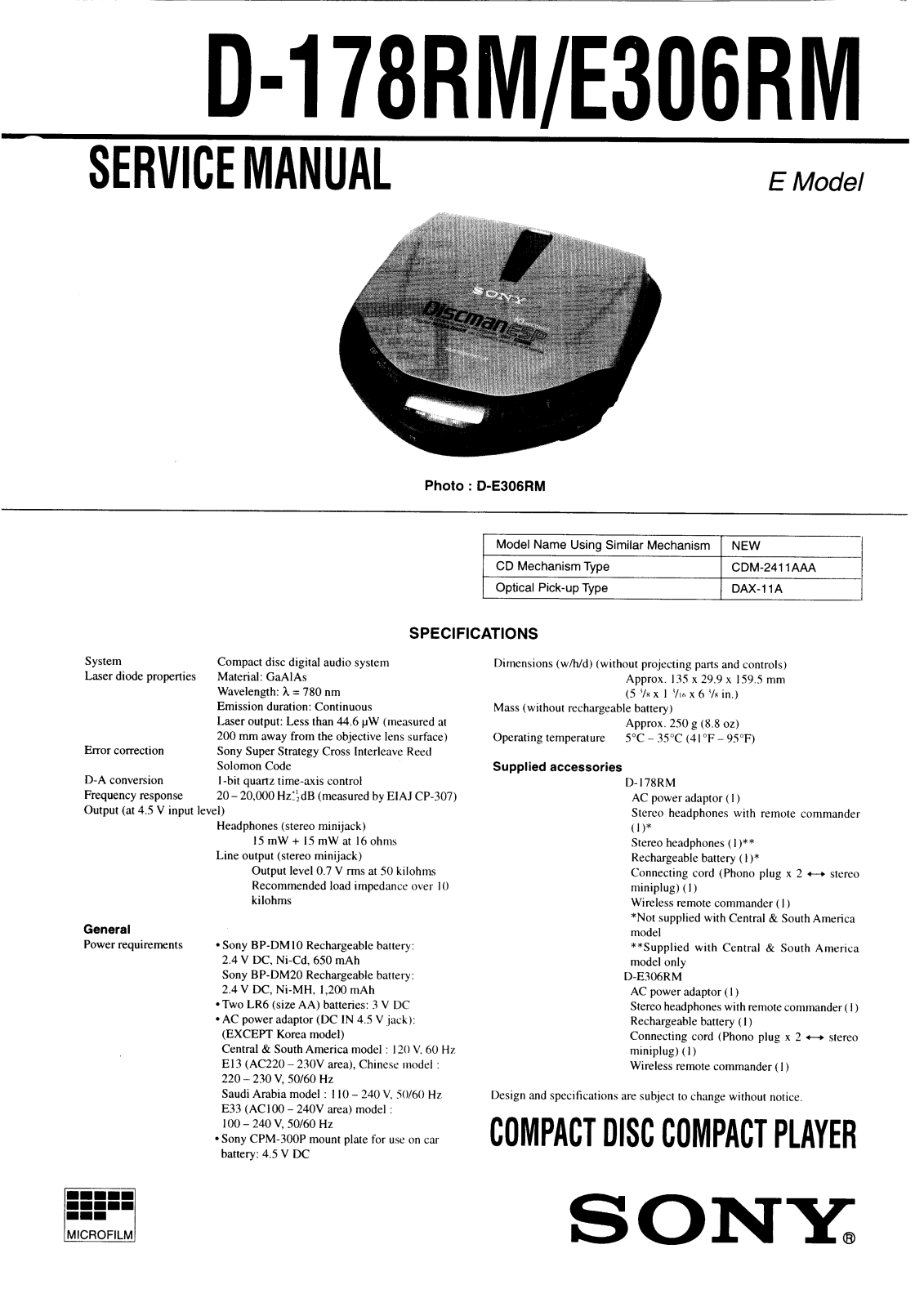 Sony D-178-RM, DE-306-RM Service manual