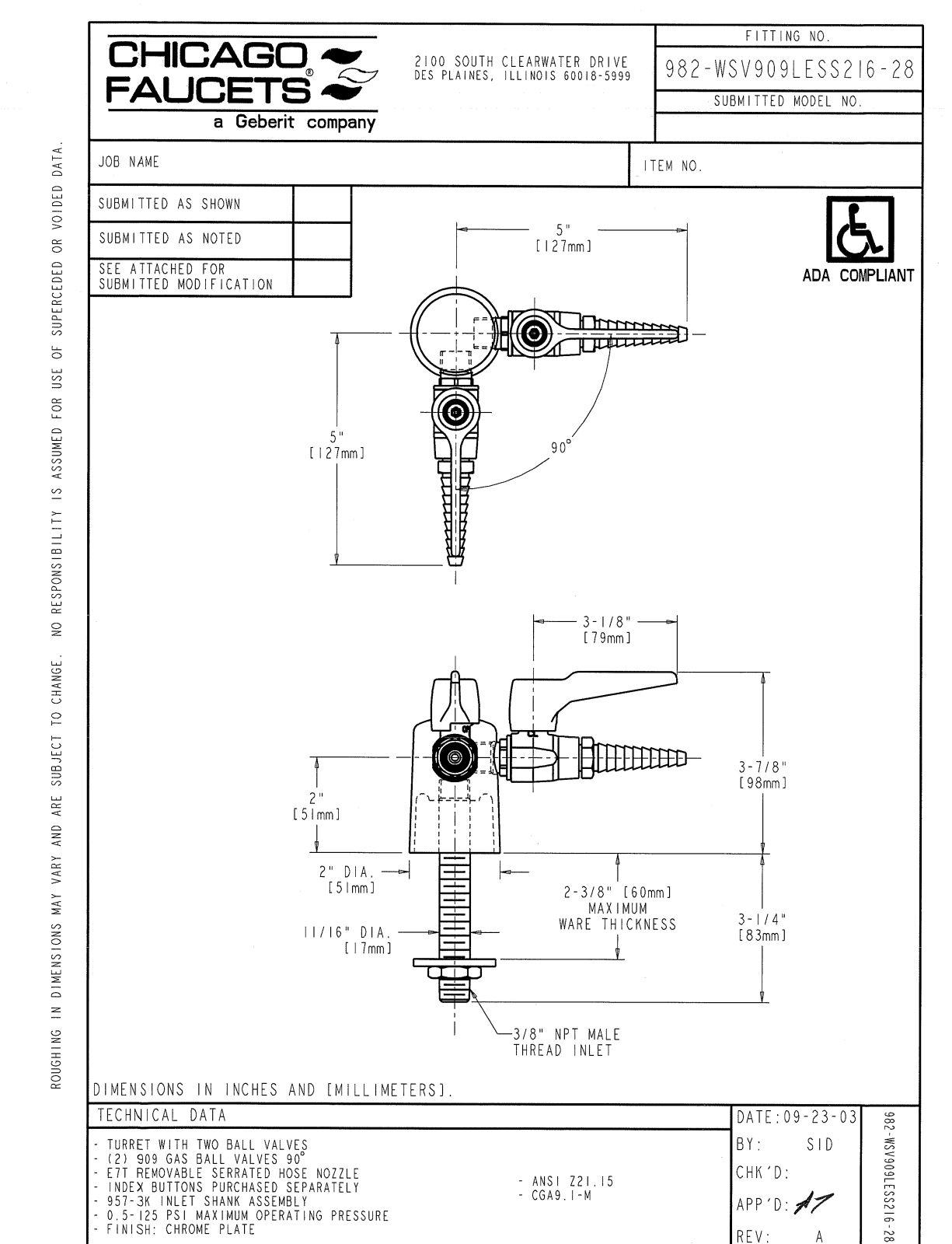 Chicago Faucet 982-WSV909LESS216-28 User Manual