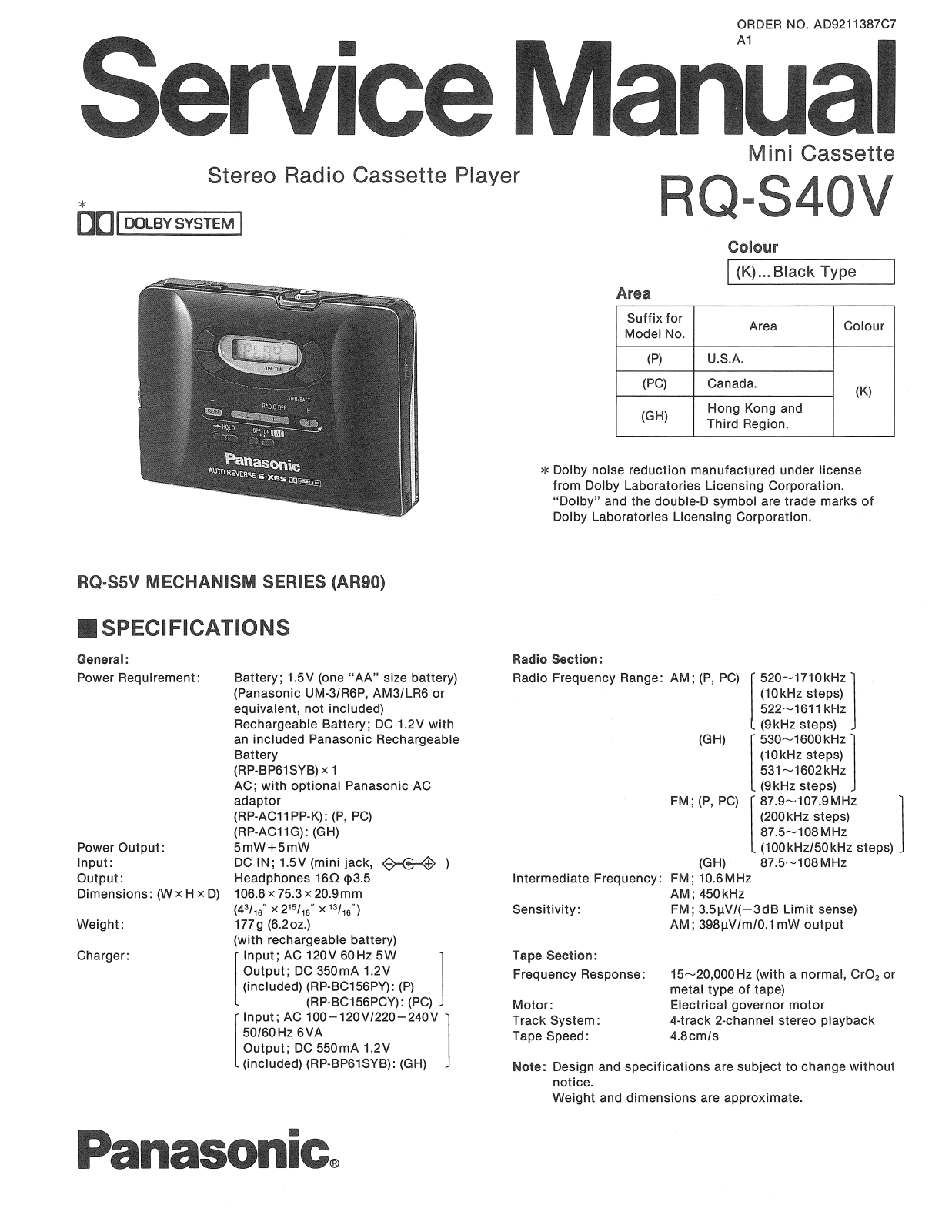 Panasonic RQS-40-V Service manual