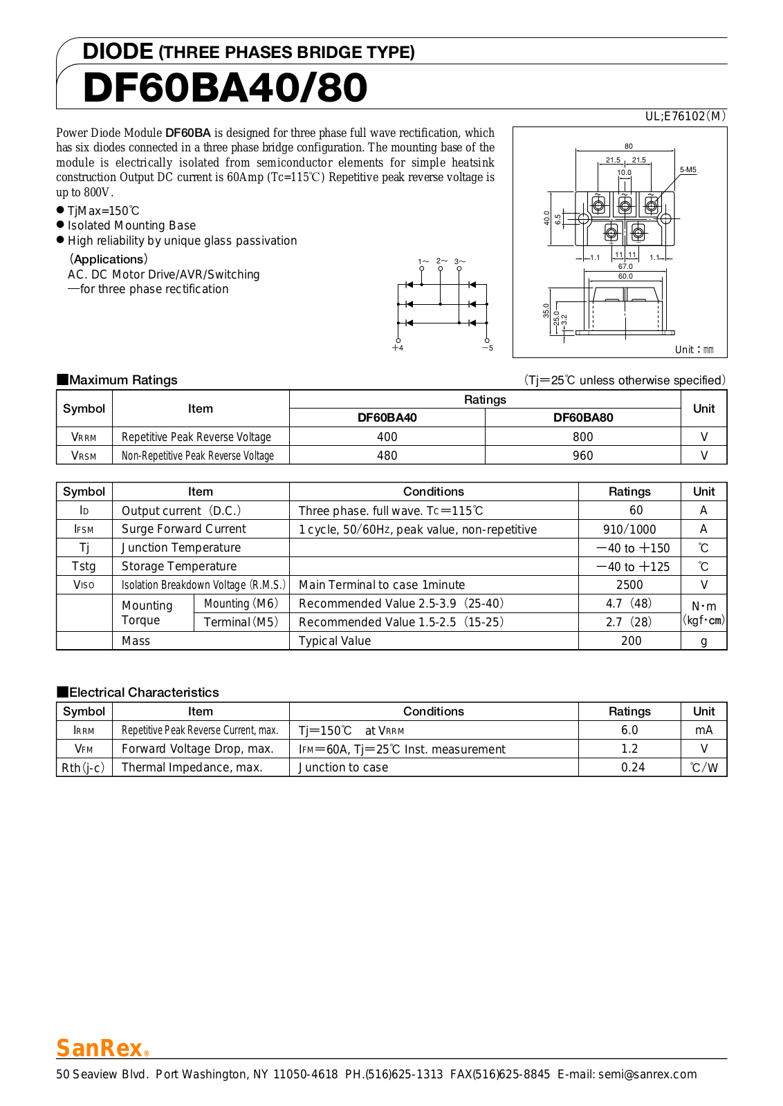 Sanrex-Sansha Electric Manufacturing DF60BA40, DF60BA80 Data Sheet