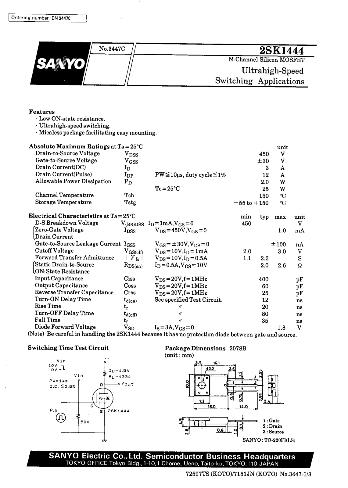 SANYO 2SK1444 Datasheet