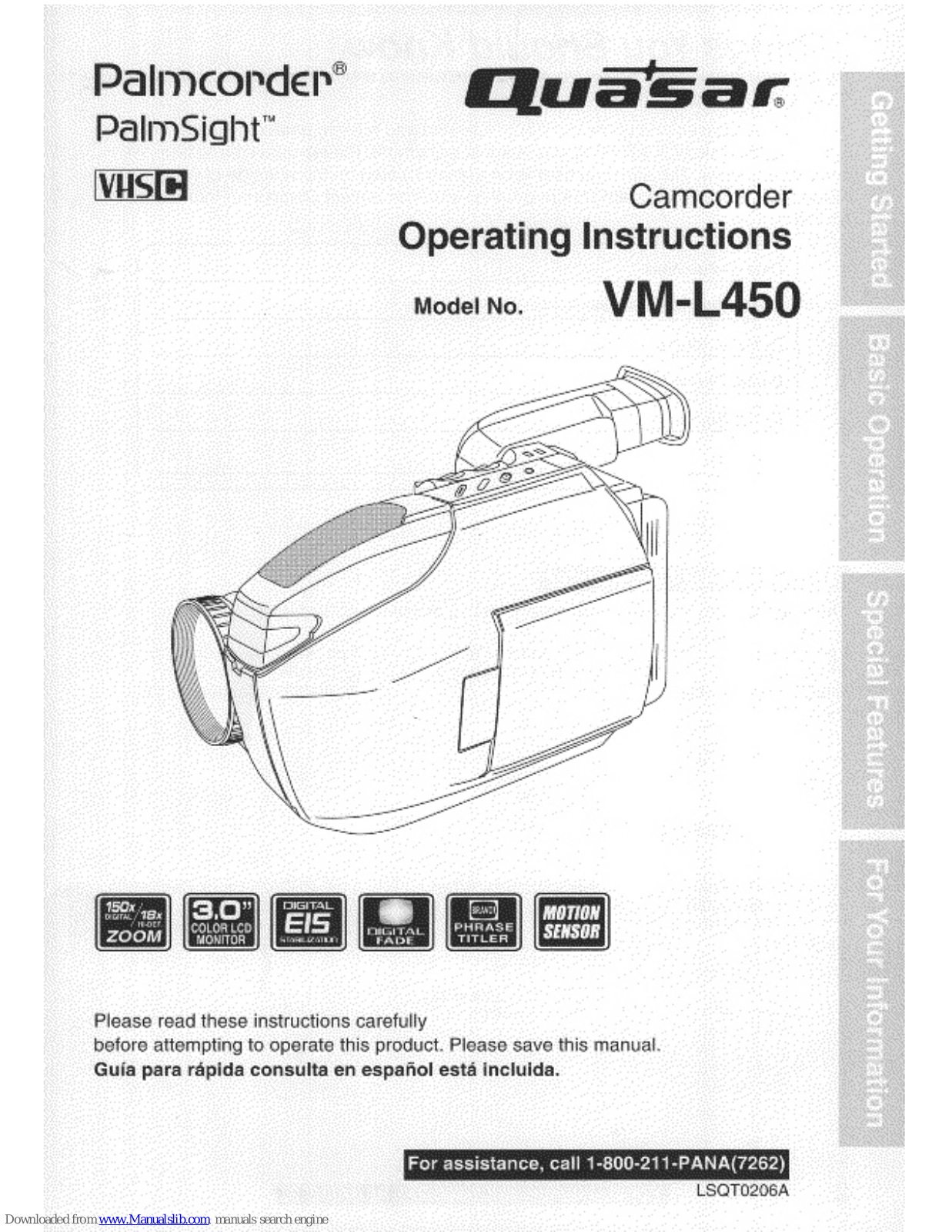 Quasar Palmcorder PalmSight VM-L450, VML450 - VHS-C CAMCORDER, VML450D - VHS-C CAMCORDER User Manual