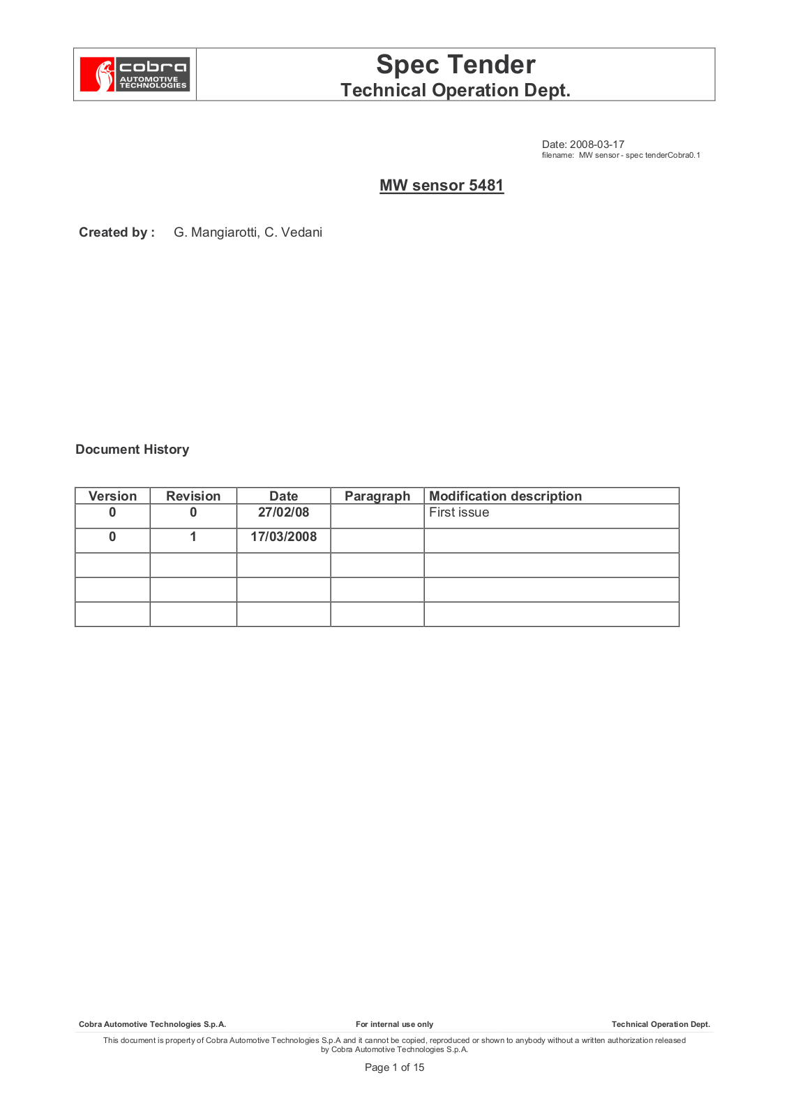 VODAFONE AUTOMOTIVE 5481 Manual sensor