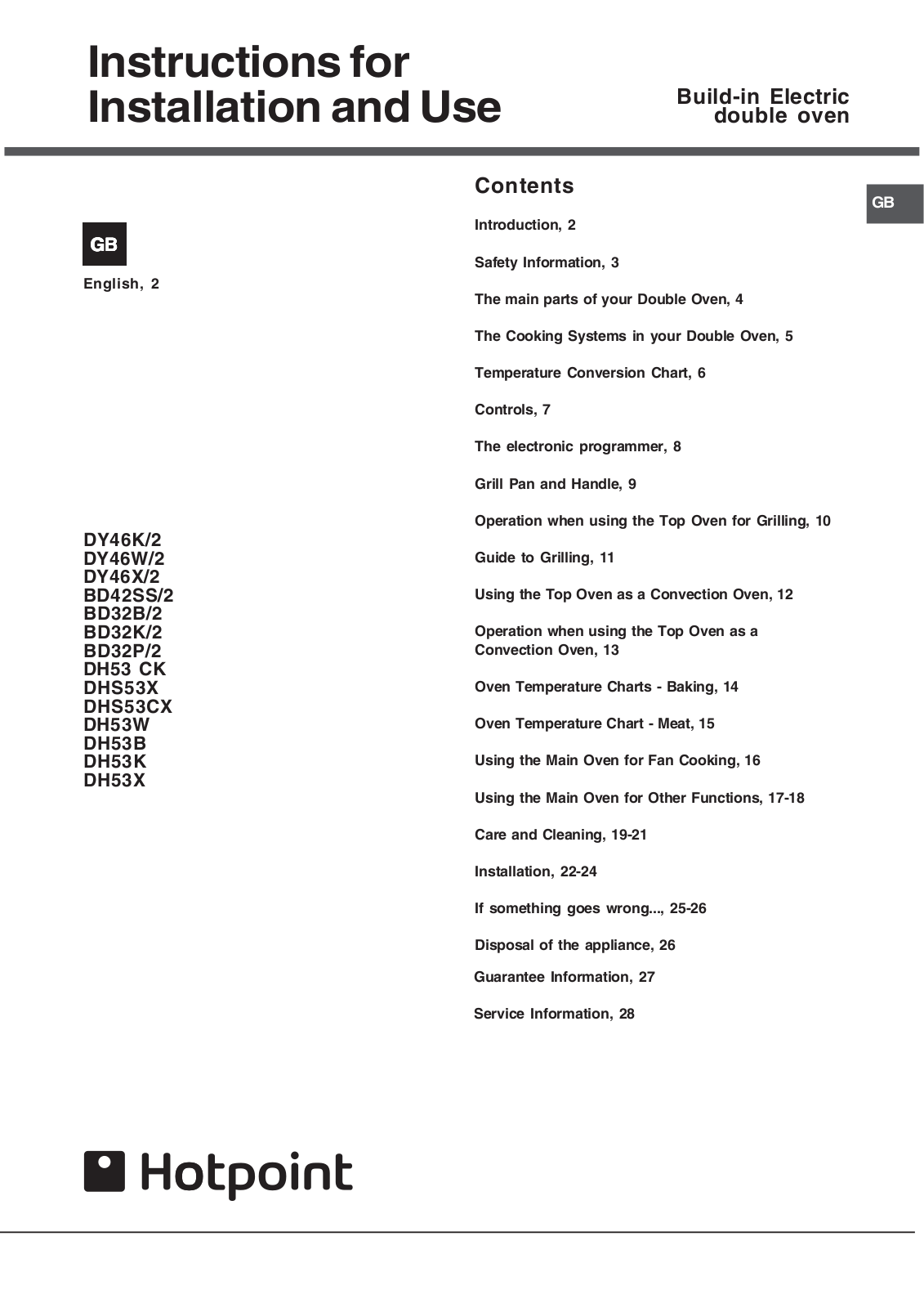 Indesit BD32P-2, DHS53X, DY46K-2, DH53 CK, BD42SS-2 User Manual