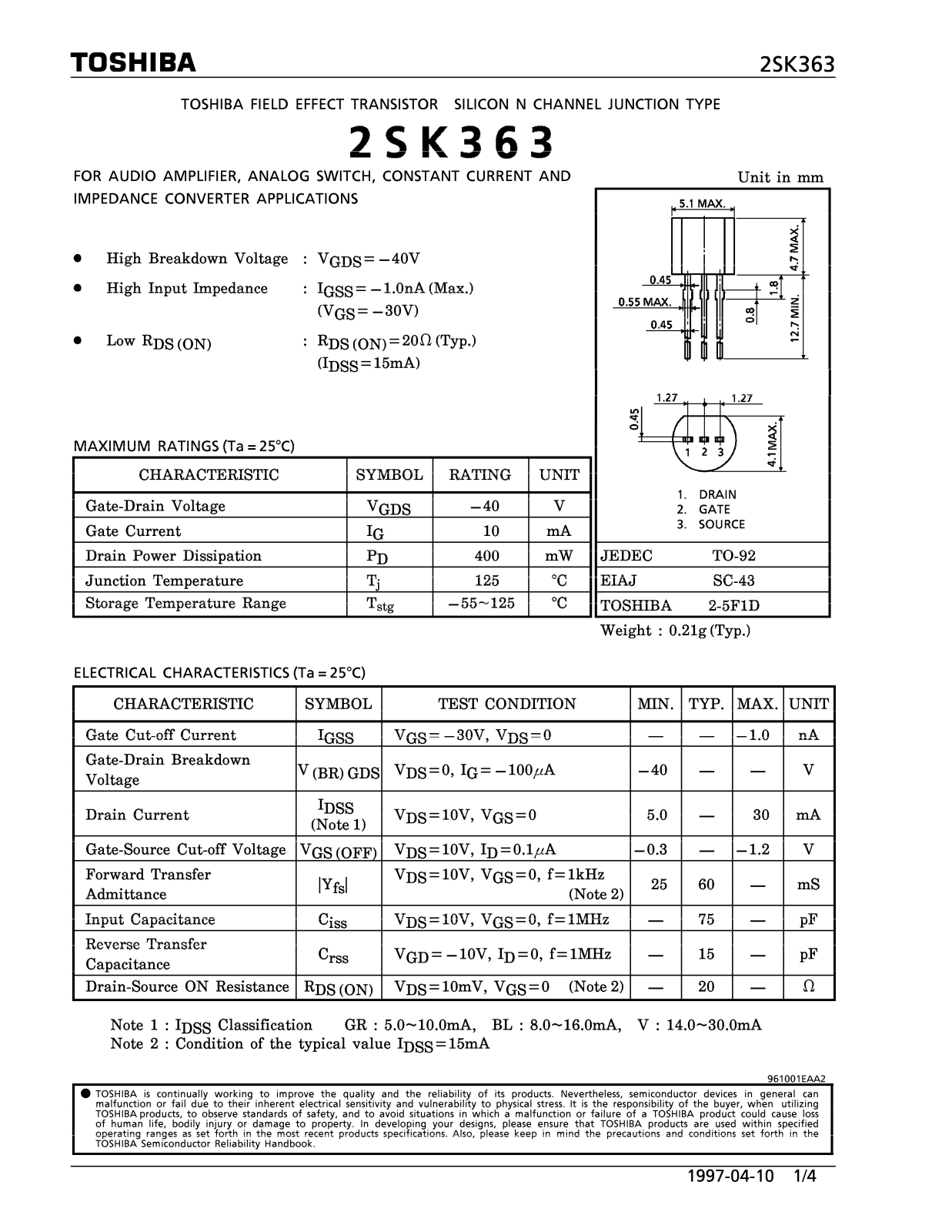 TOSHIBA 2SK363 User Manual