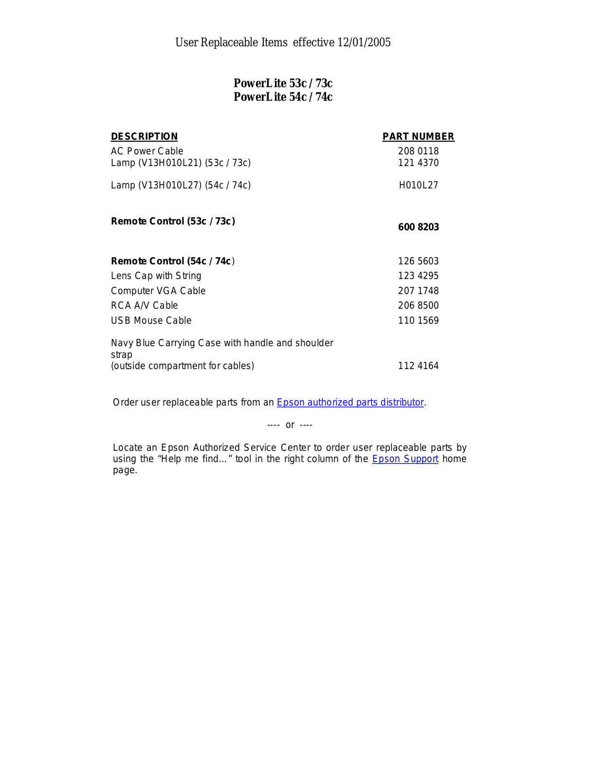 Epson POWERLITE 73C, POWERLITE 74C, POWERLITE 54C, POWERLITE 53C User Manual