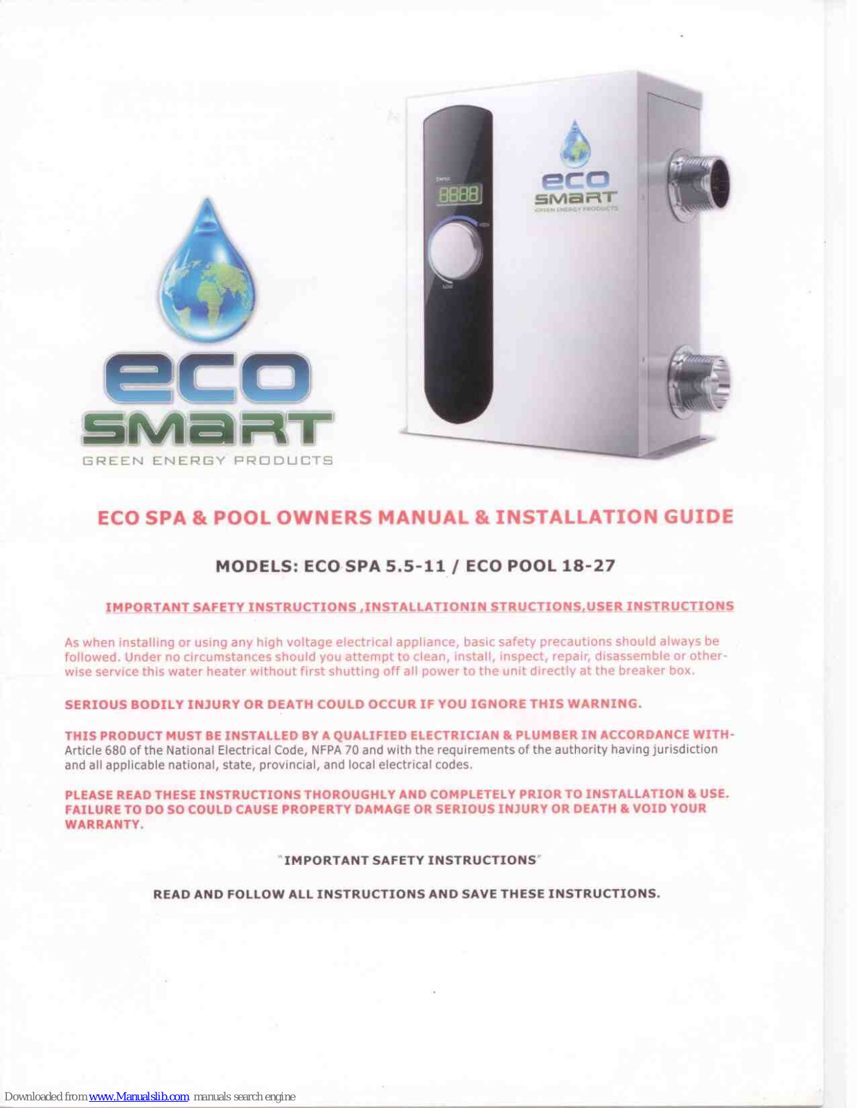 EcoSmart Eco Spa 5.5, Eco Spa 11, Eco Pool 18, Eco Pool 27 Owner's Manual & Installation Manual