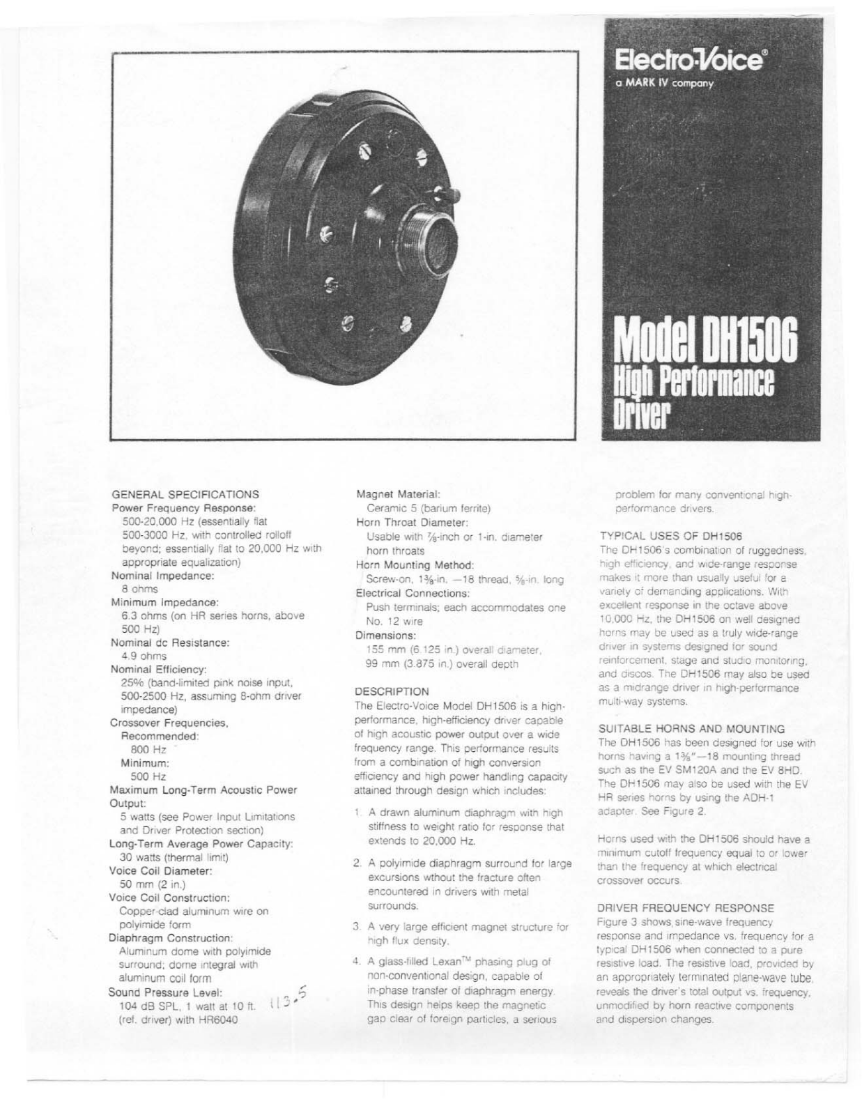 Electro-voice DH1506 DATASHEET