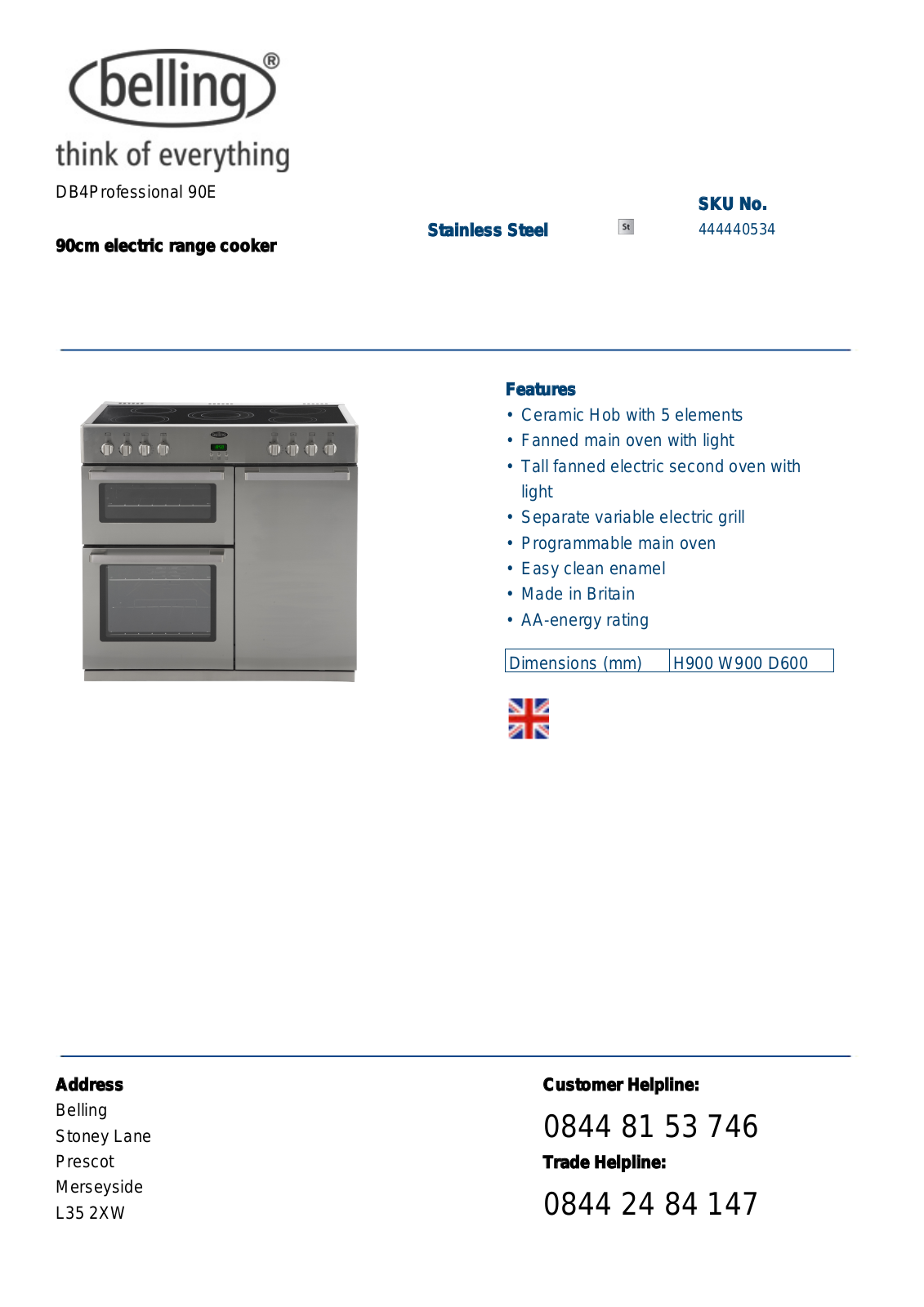 Belling DB4PROFESSIONAL 90E DATASHEET