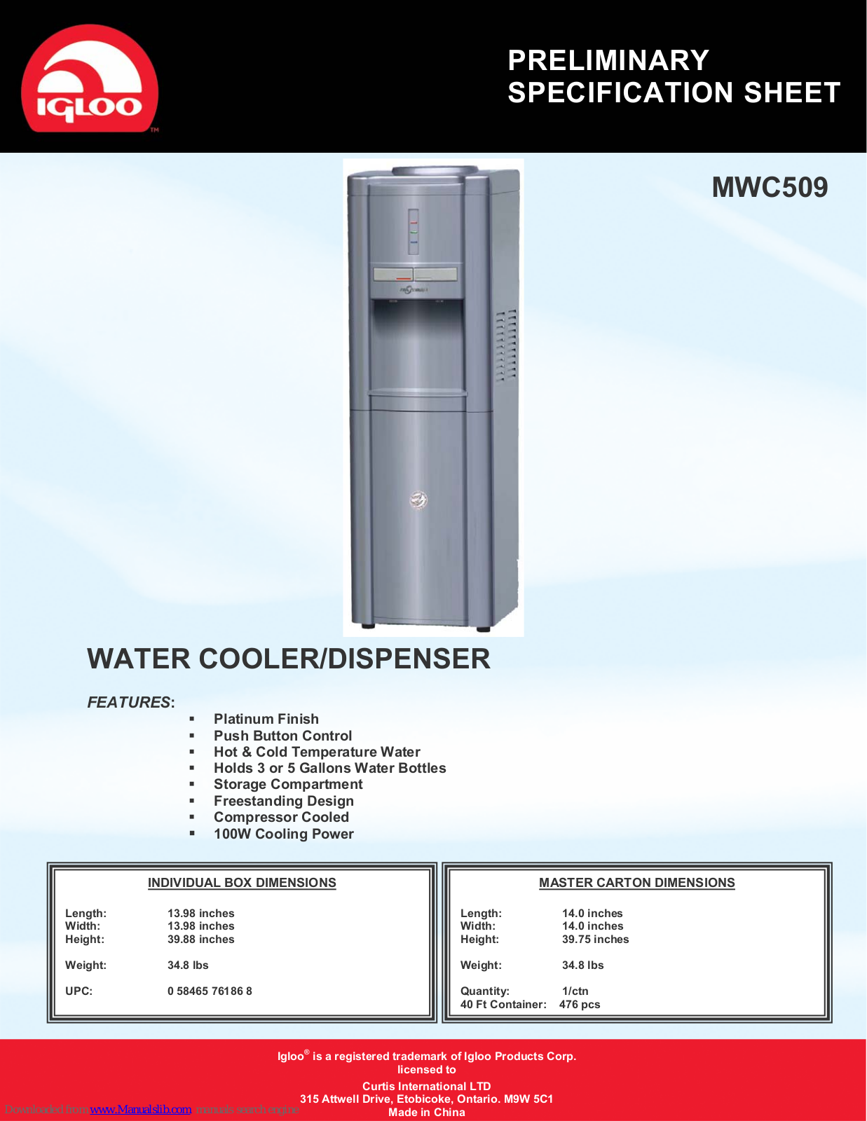 Igloo Water Cooler/Dispenser MWC509 Specification Sheet