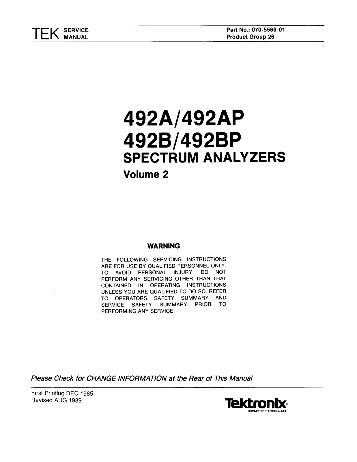 Tektronix 492BP, 492B, 492AP, 492A Service Manual