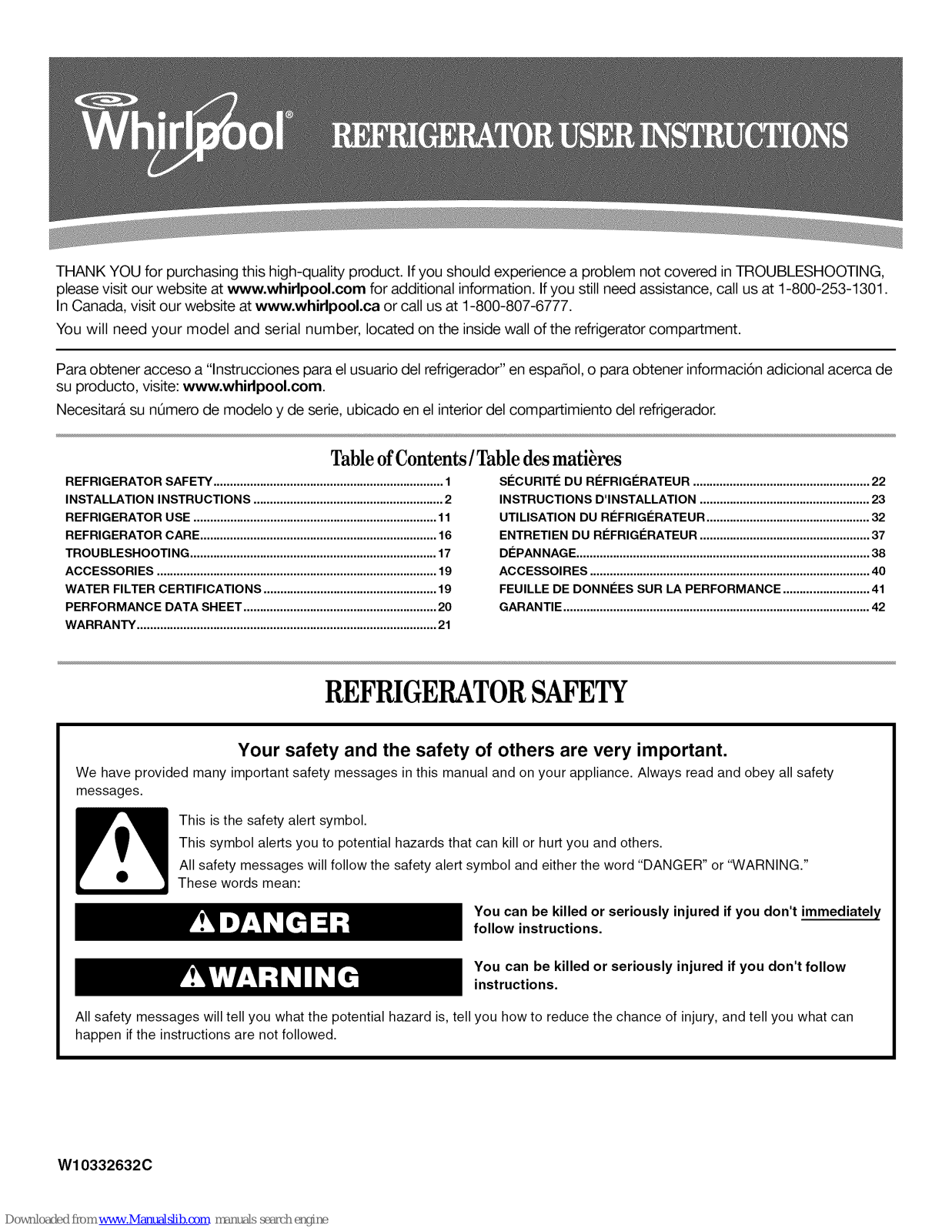 Whirlpool WSF26D2EXY02, WSF26D2EXS02, WSF26D2EXF01 User Instructions
