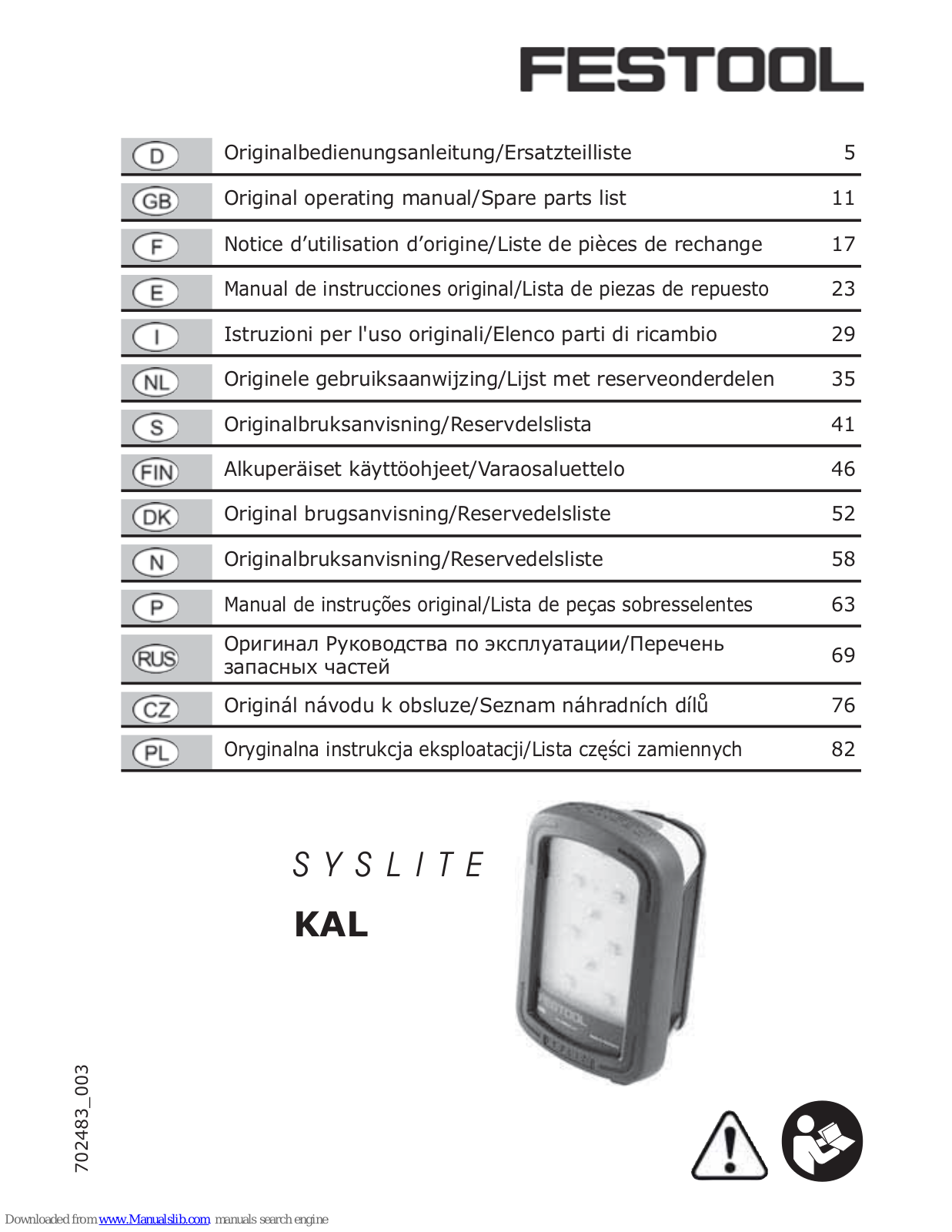 Festool SYSLITE KAL Operating Manual - ManualMachine.com