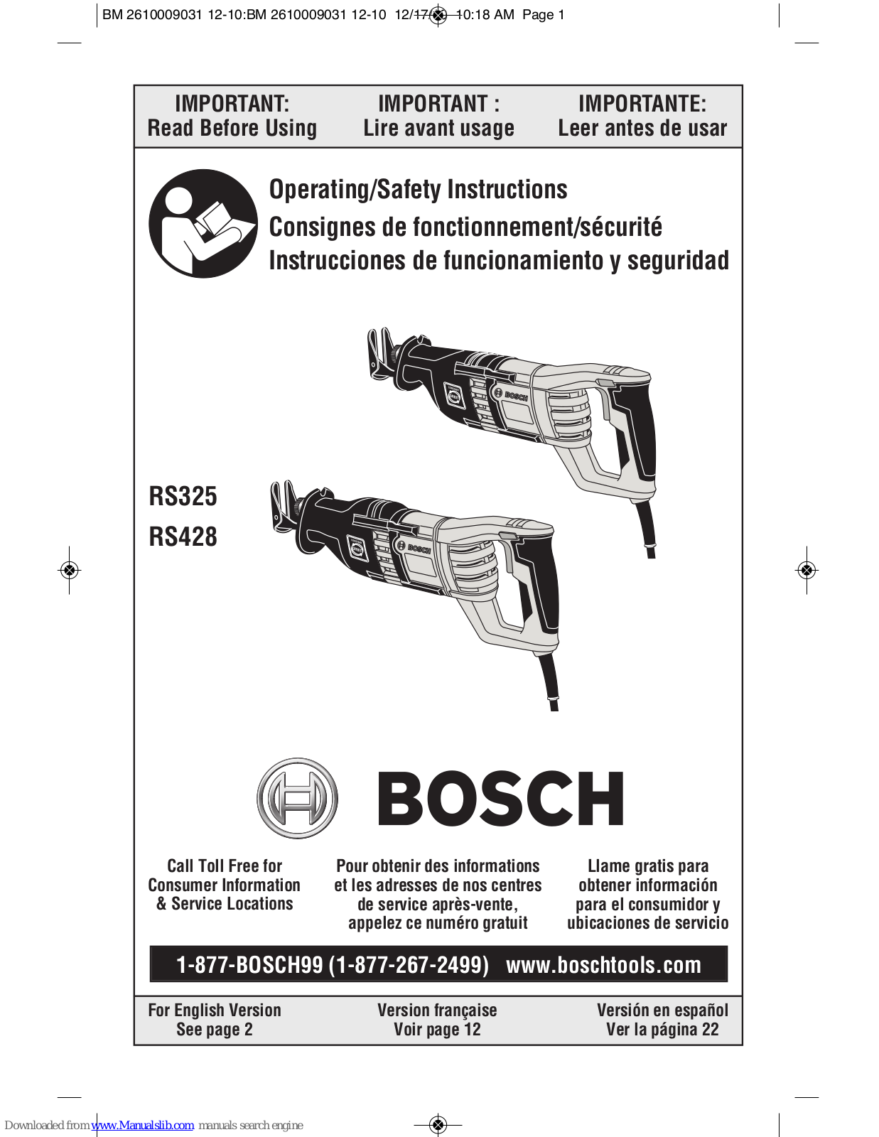 Bosch RS325, RS428 Operating/safety Instructions Manual