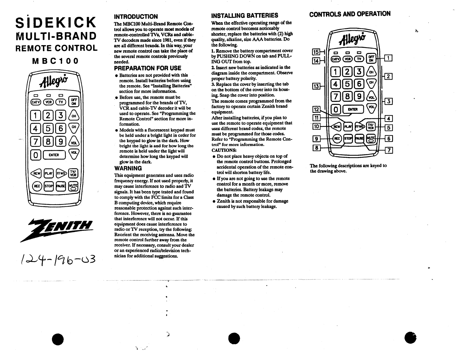 Zenith MBC100 OPERATING GUIDE