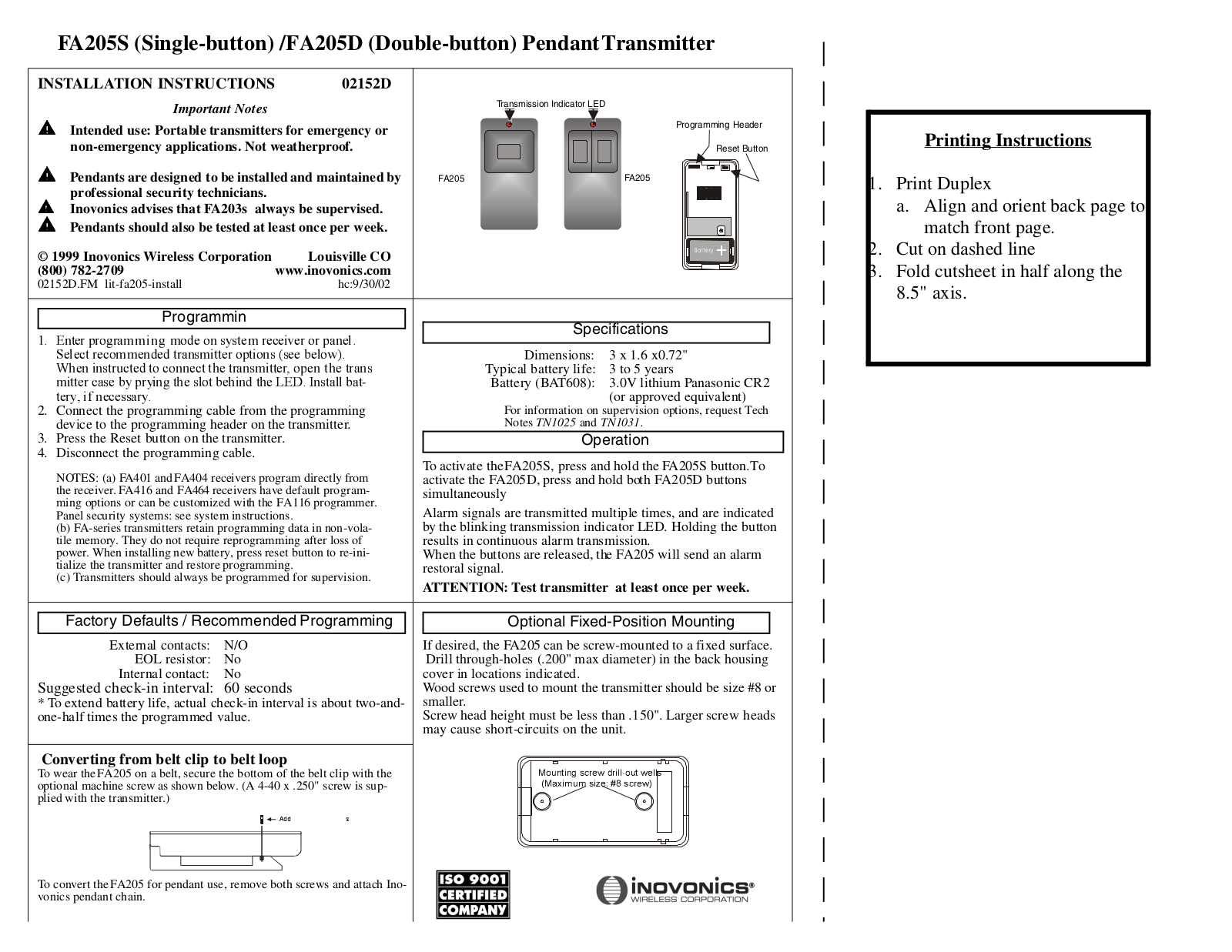 Inovonics FA205S User Manual