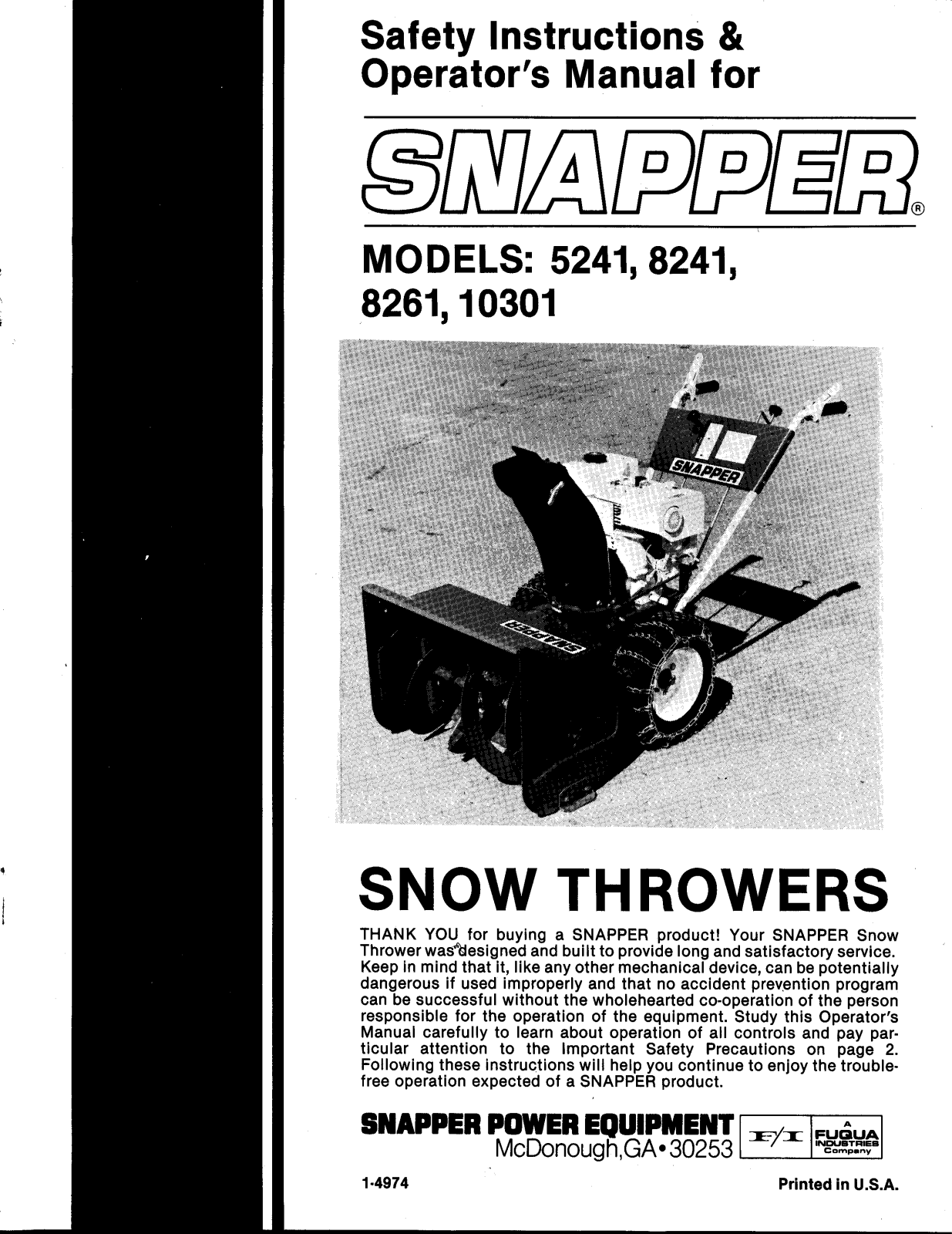 Snapper 8241, 8261, 10301, 5241 User Manual