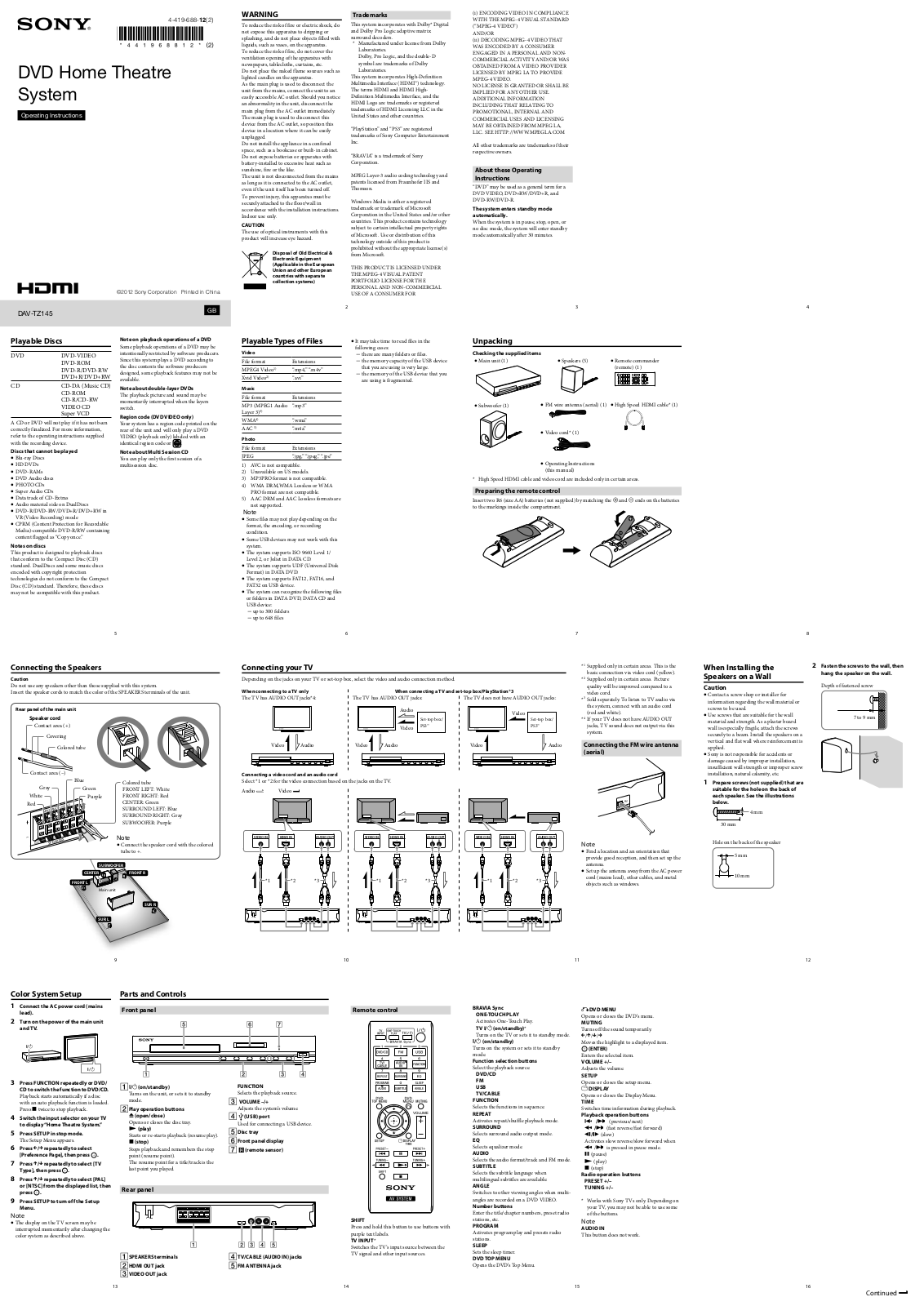 Sony DAV-TZ145 Users guide