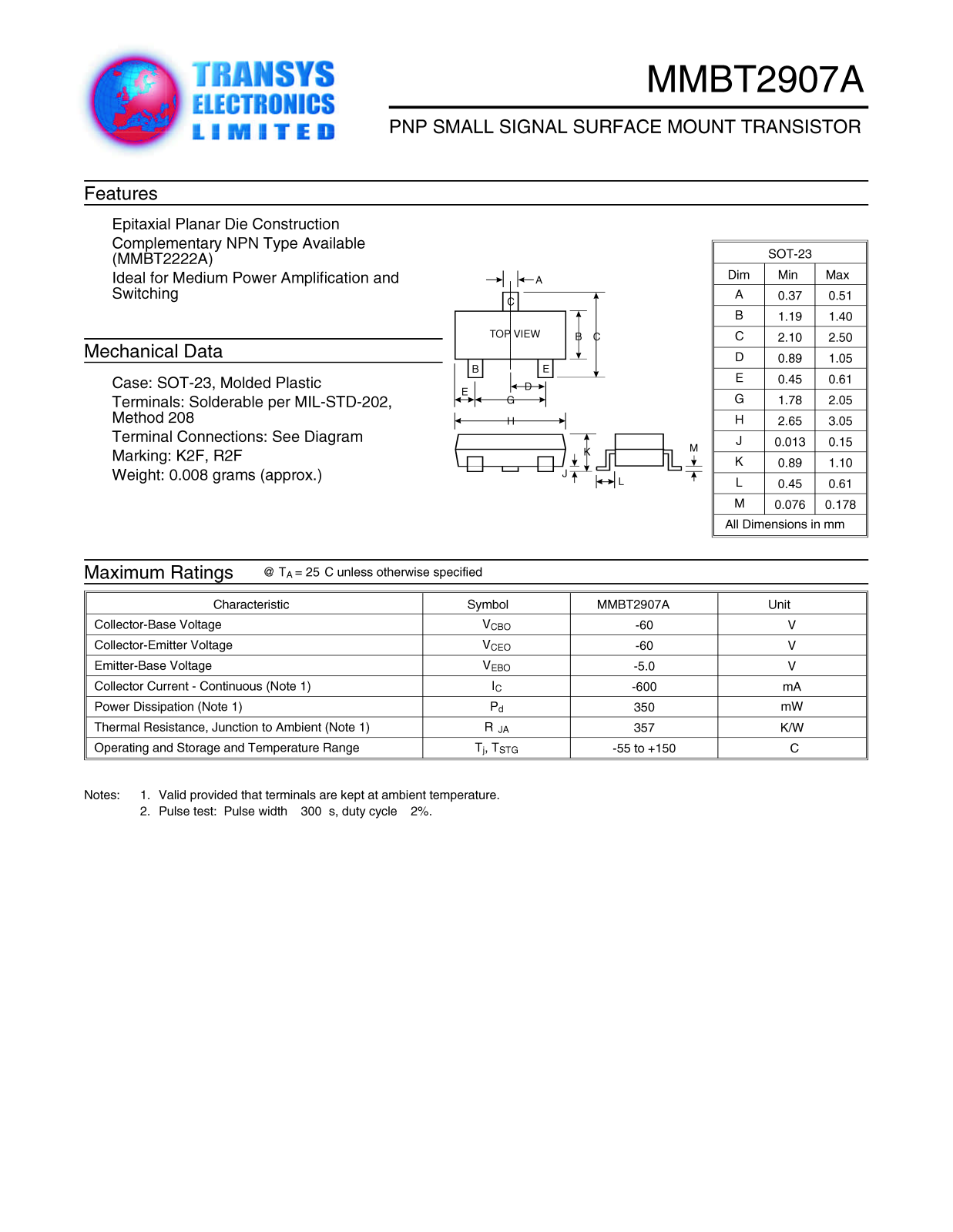 TEL MMBT2907A Datasheet