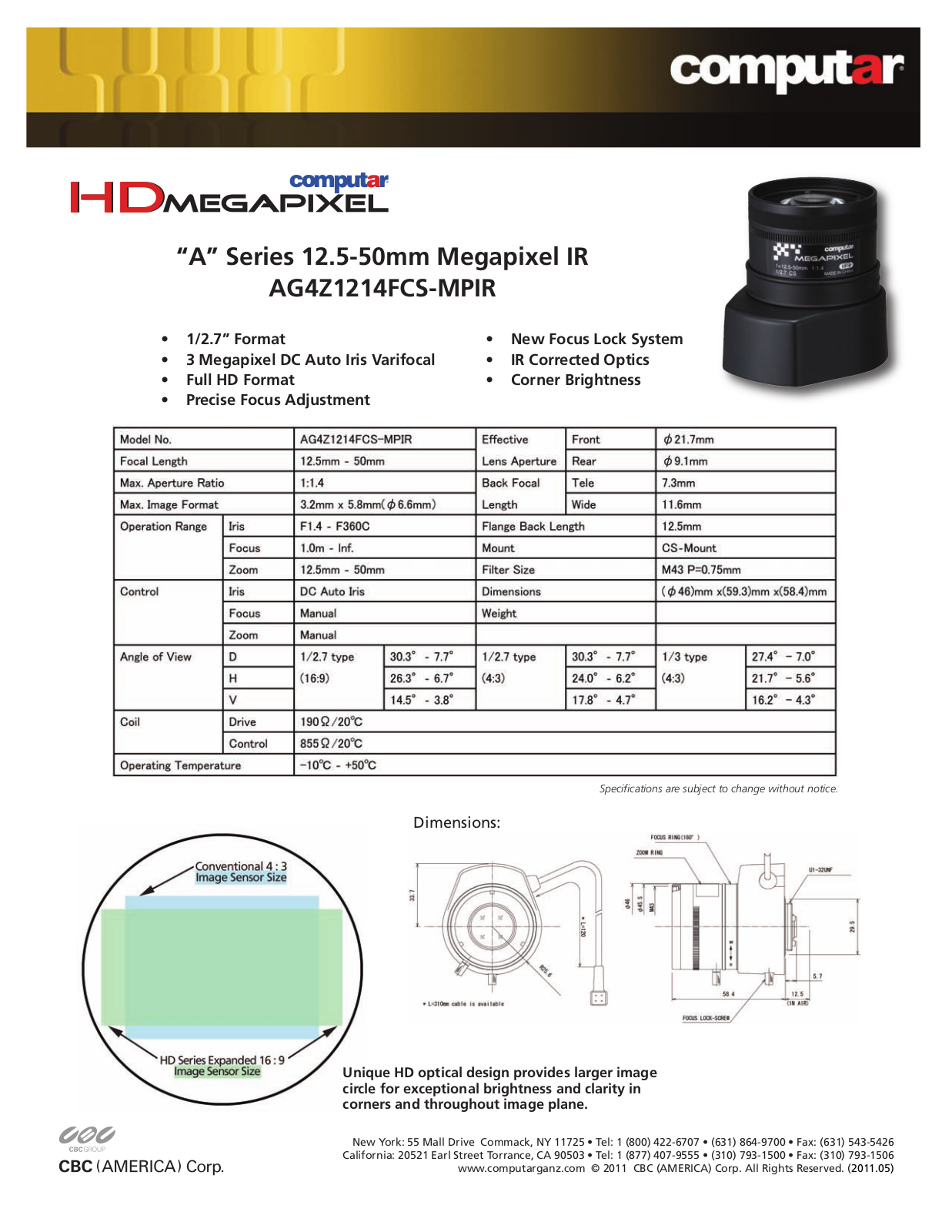 Computar AG4Z1214FCS-MPIR Specsheet