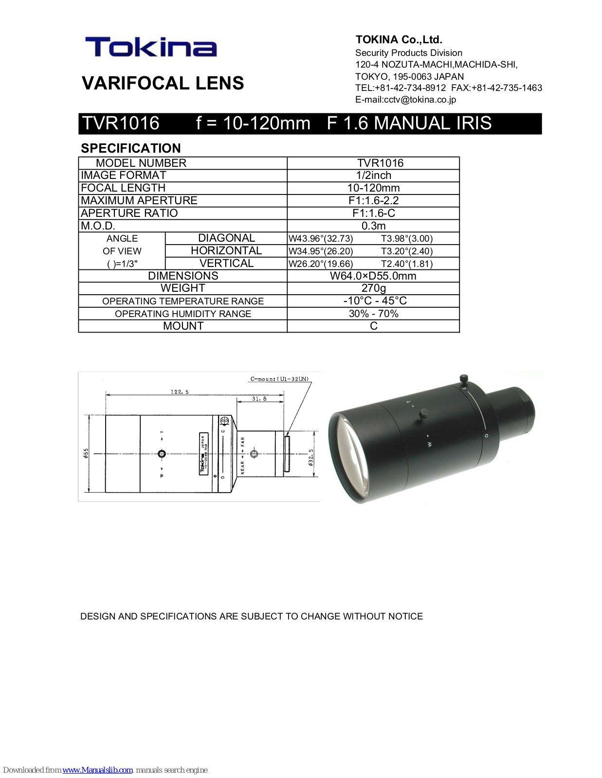 Tokina VARIFOCAL LENS TVR1016 Specification