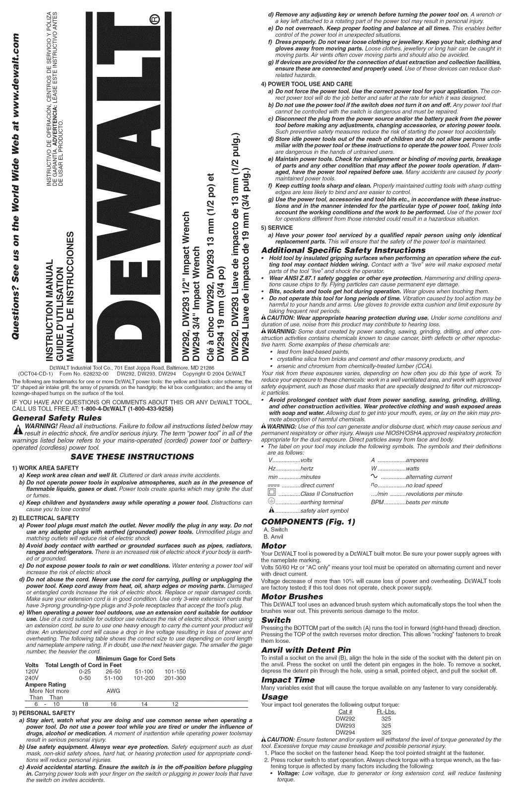 DeWalt DW294 TYPE1, DW293 TYPE1 Owner’s Manual