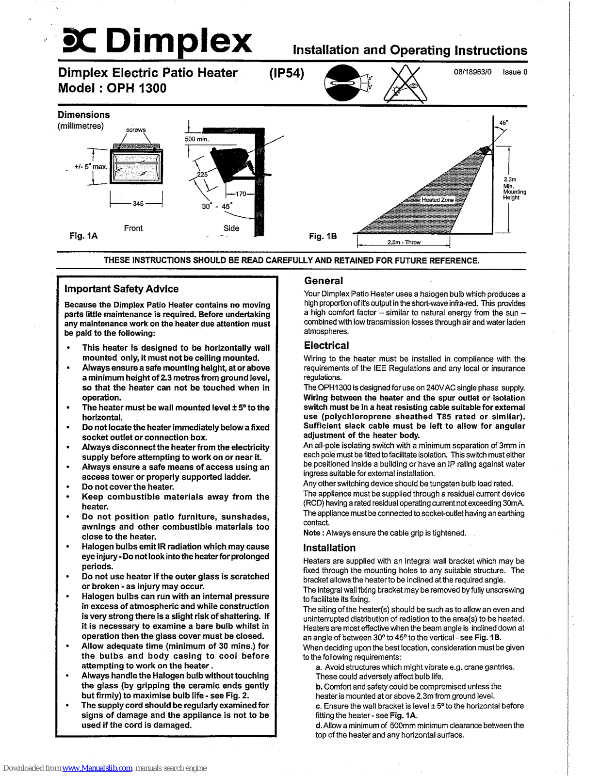 Dimplex OPH 1300 Installation And Operating Instructions Manual