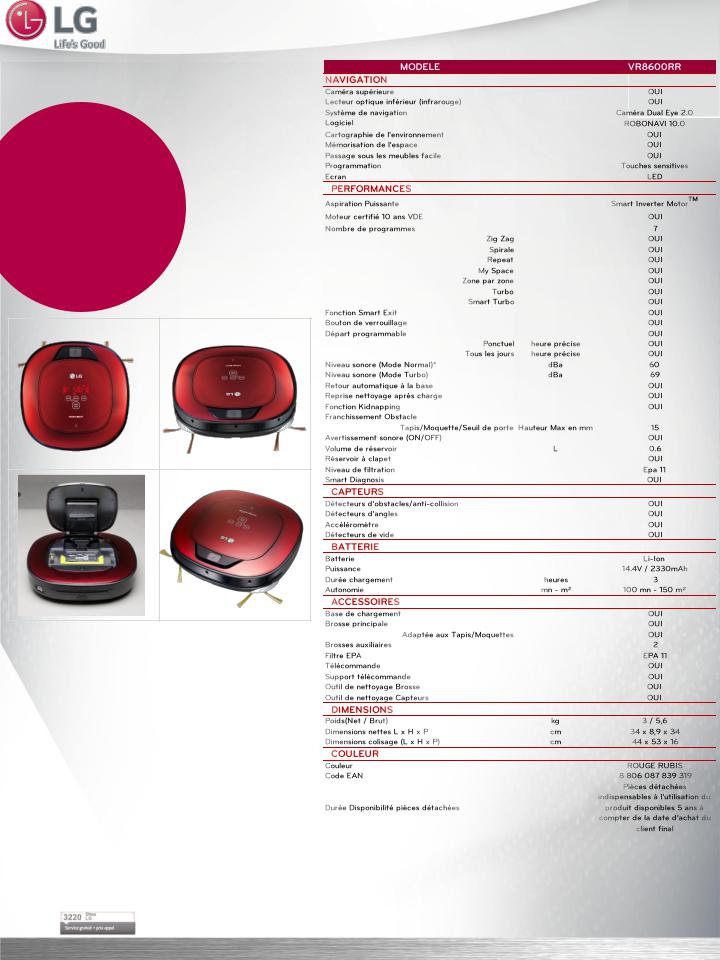 LG VR8600RR product sheet