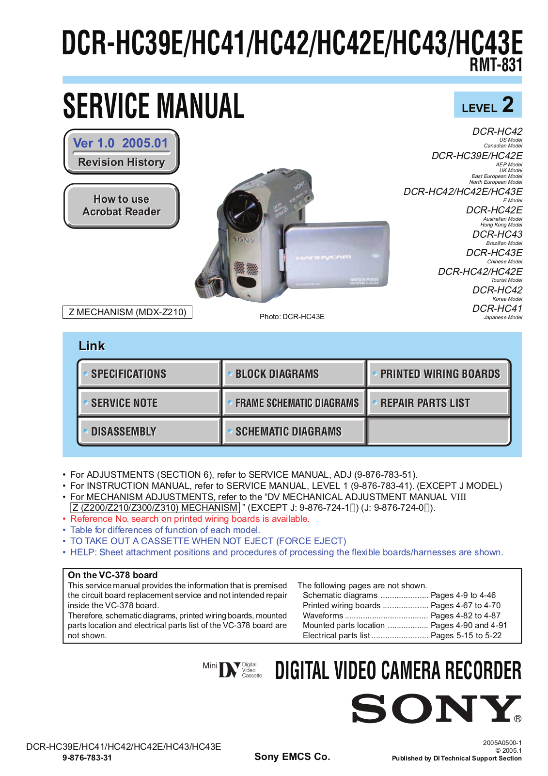 Sony RMT-831, DCR-HC43E, DCR-HC43, DCR-HC42E, DCR-HC42 Service Manual