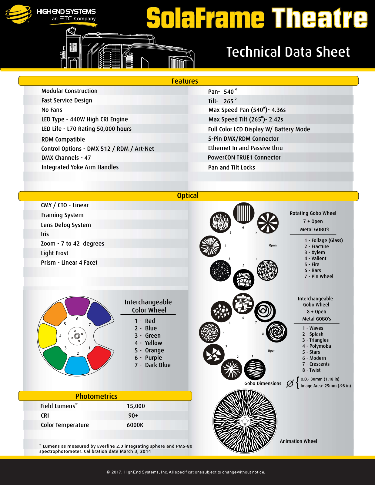 High End Systems SolaFrame Theatre Data Sheet