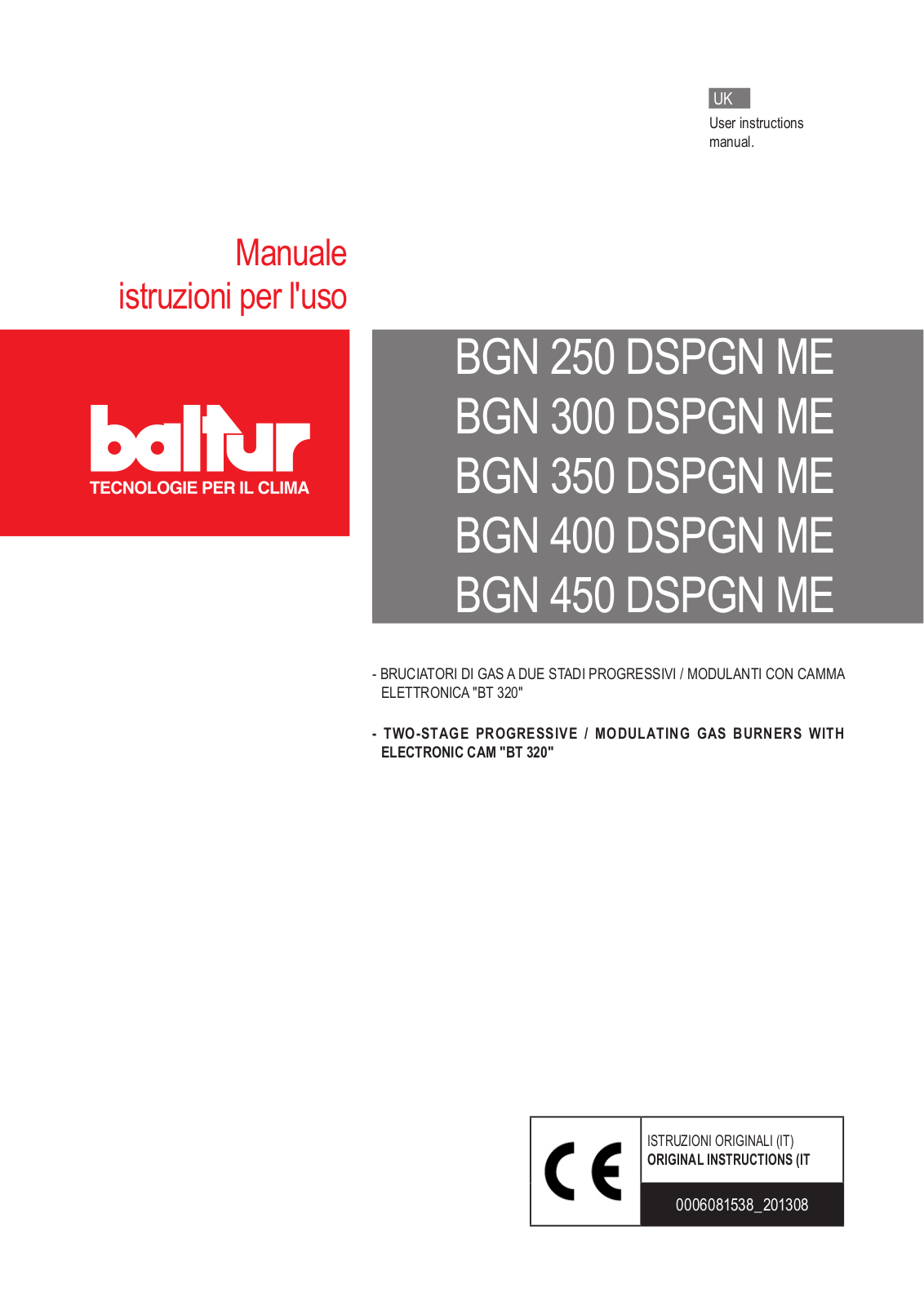 baltur BGN 250 DSPGN ME, BGN 300 DSPGN ME, BGN 350 DSPGN ME, BGN 400 DSPGN ME, BGN 450 DSPGN ME Instruction Manual