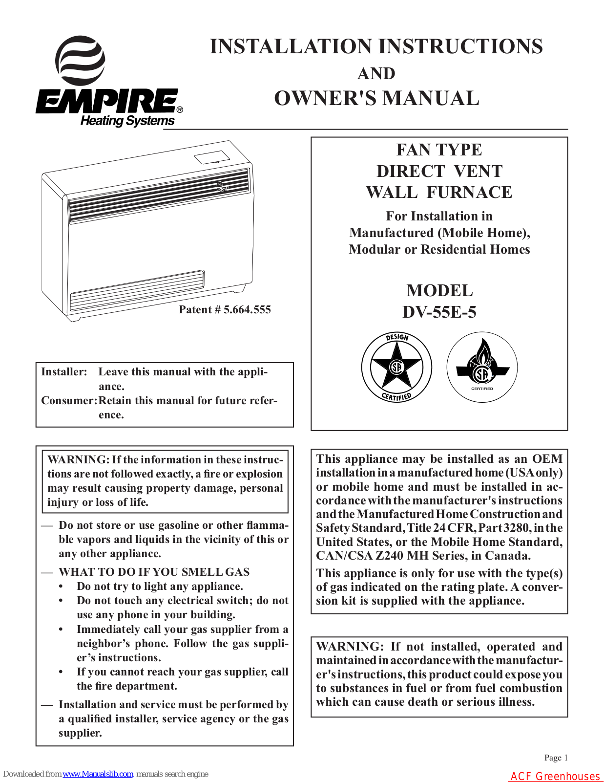 Empire Heating Systems DV-55E-5, DV-55E Installation Instructions And Owner's Manual