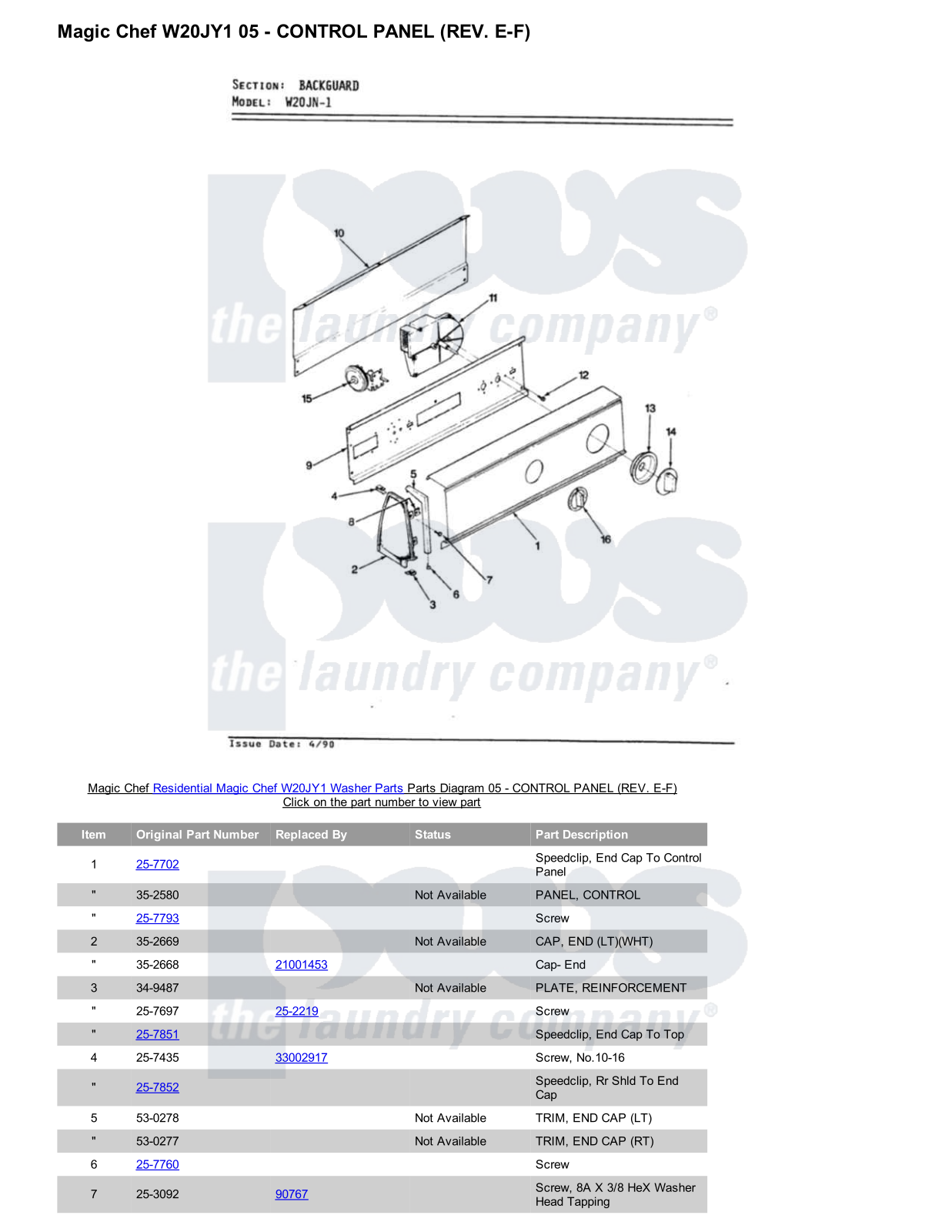 Magic Chef W20JY1 Parts Diagram