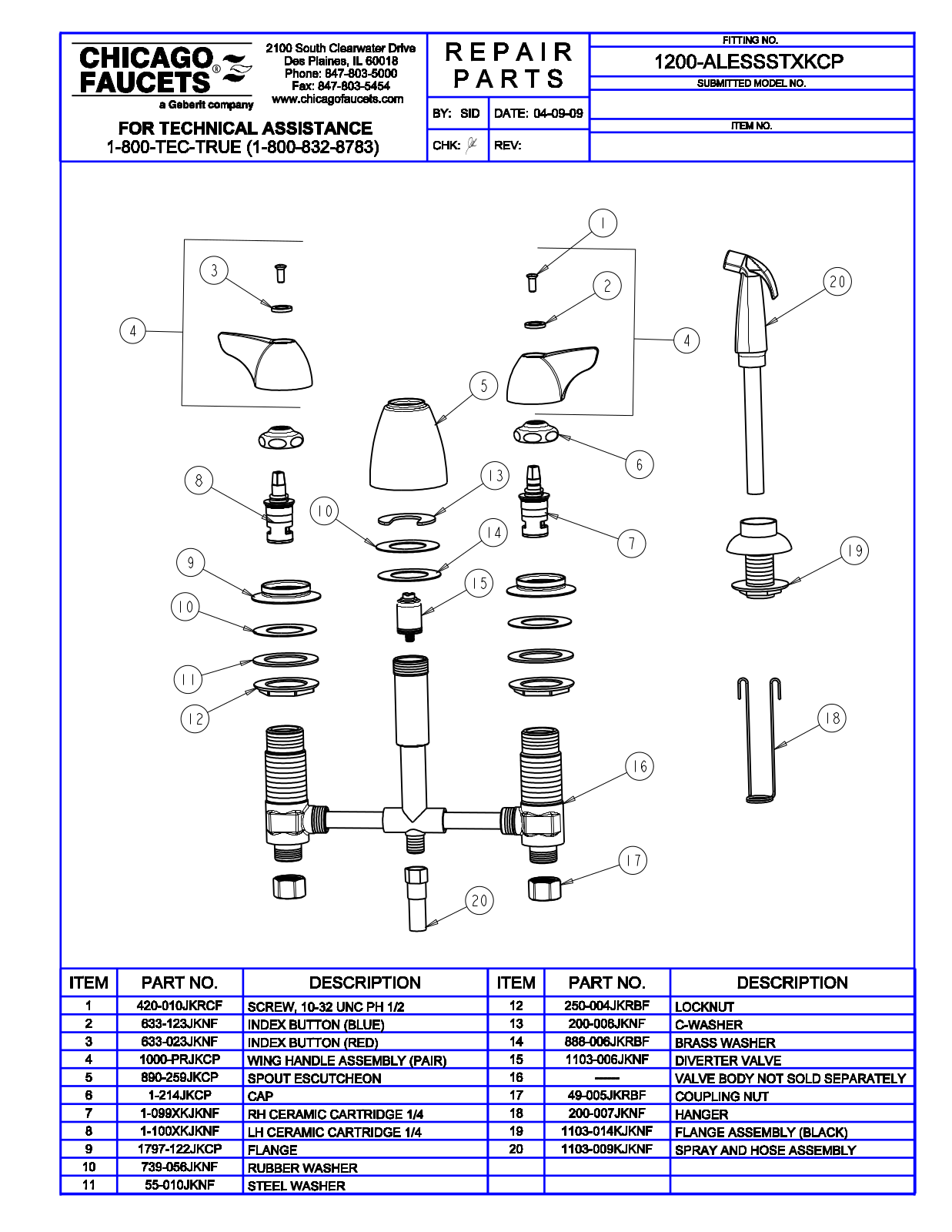 Chicago Faucet 1200-ALESSSPTXK Parts List