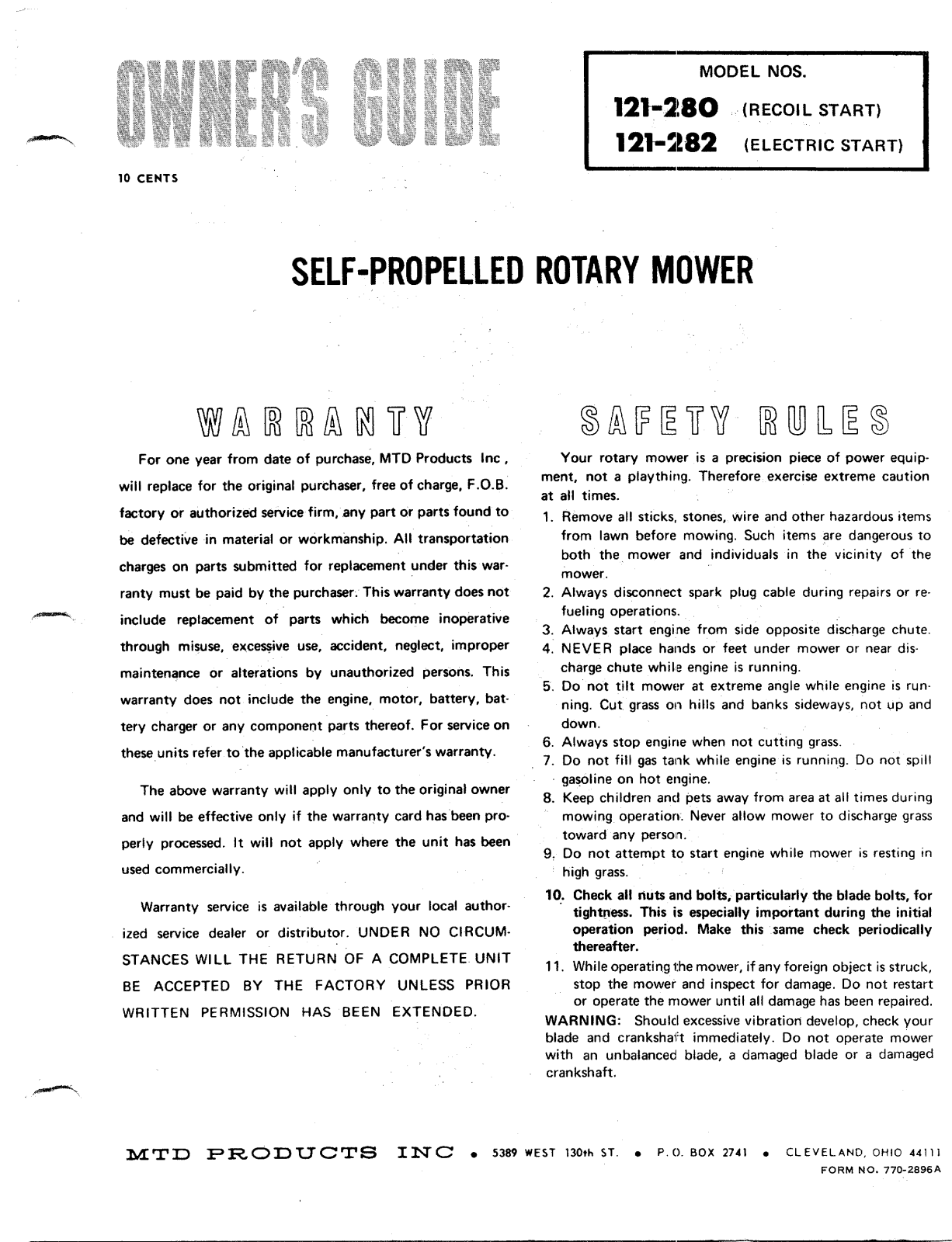 MTD 121-282, 121-280 User Manual