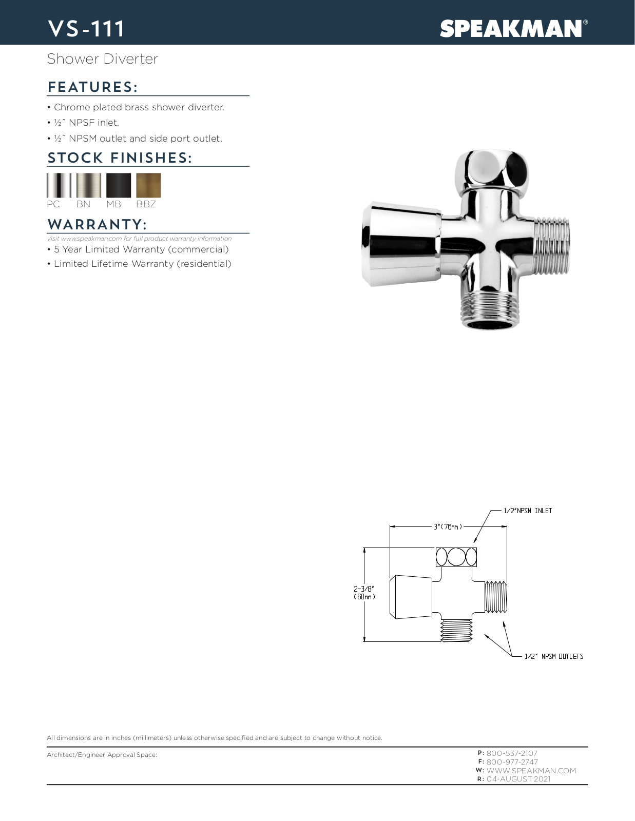 Speakman TCTA1576 Specifications - ManualMachine.com
