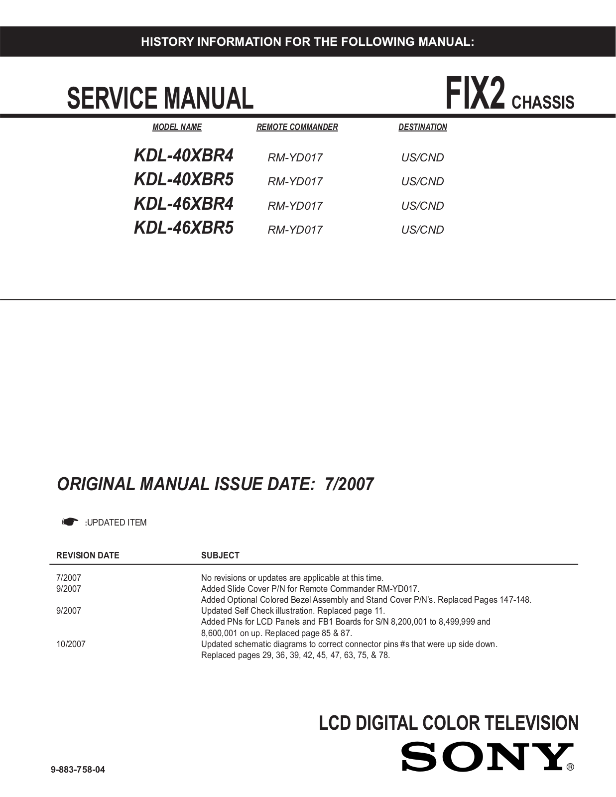 Sony kdl 40xbr4 5, kdl 46xbr4 5 schematic