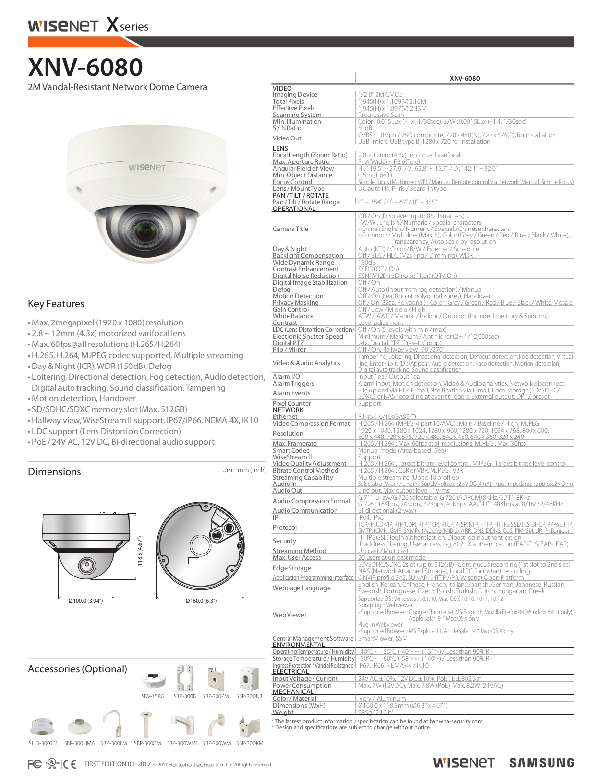 Samsung XNV-6080 Specsheet