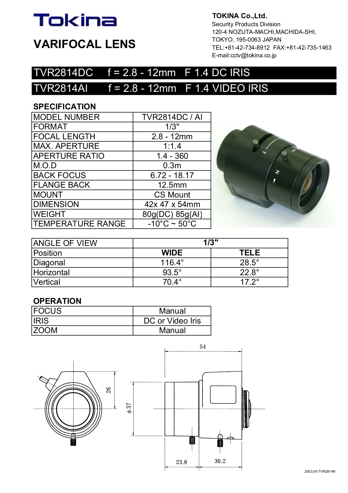 Tokina TVR2814DC - AI User Manual