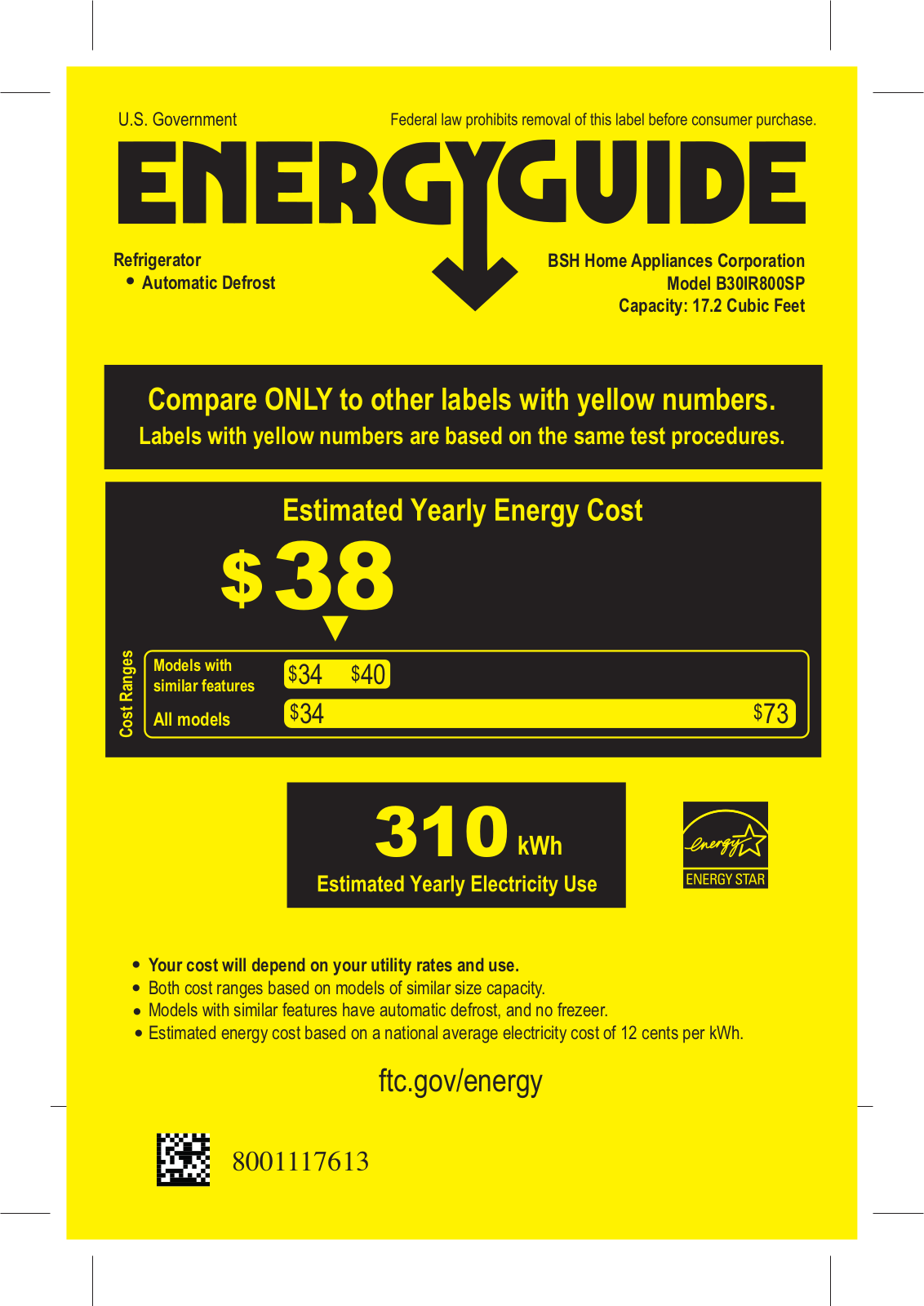 Bosch Benchmark B30IR800SP Energy Guide