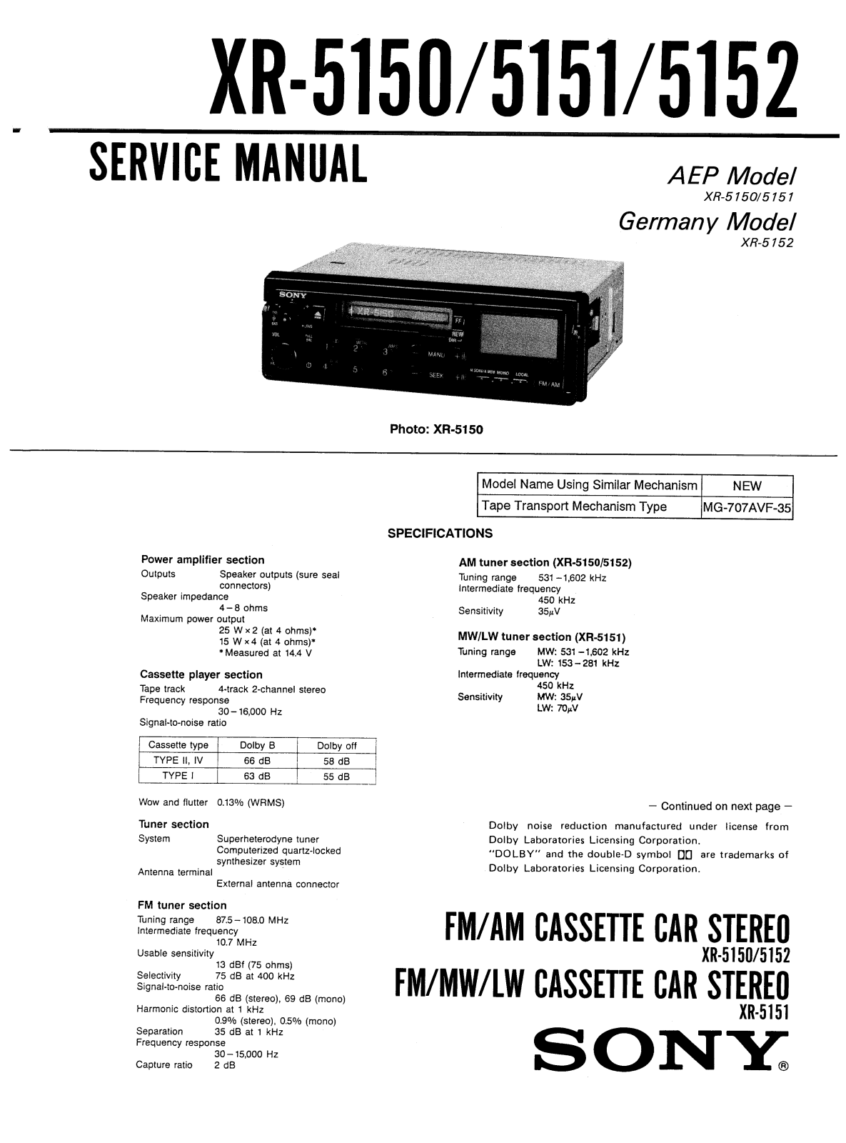 Sony XR-5150 Service manual