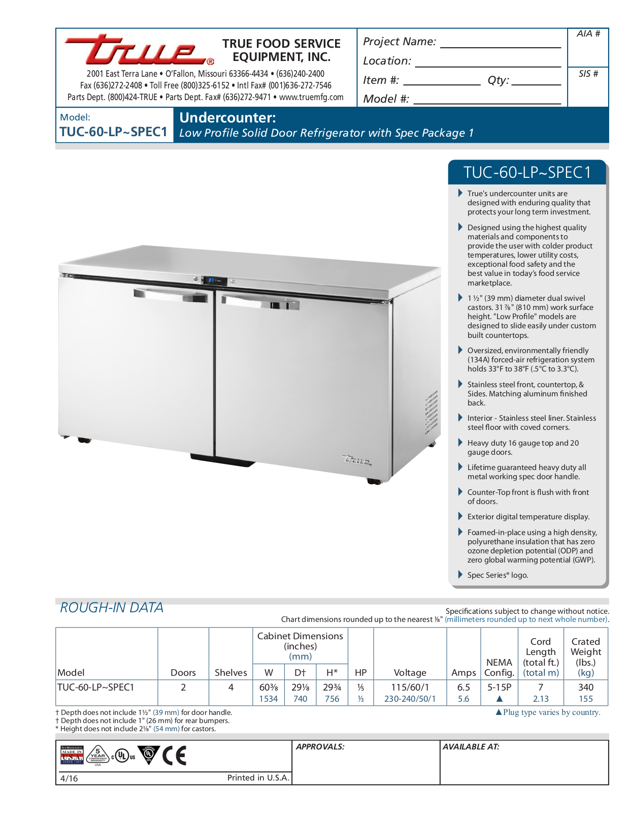 True Refrigeration TUC-60-LP User Manual