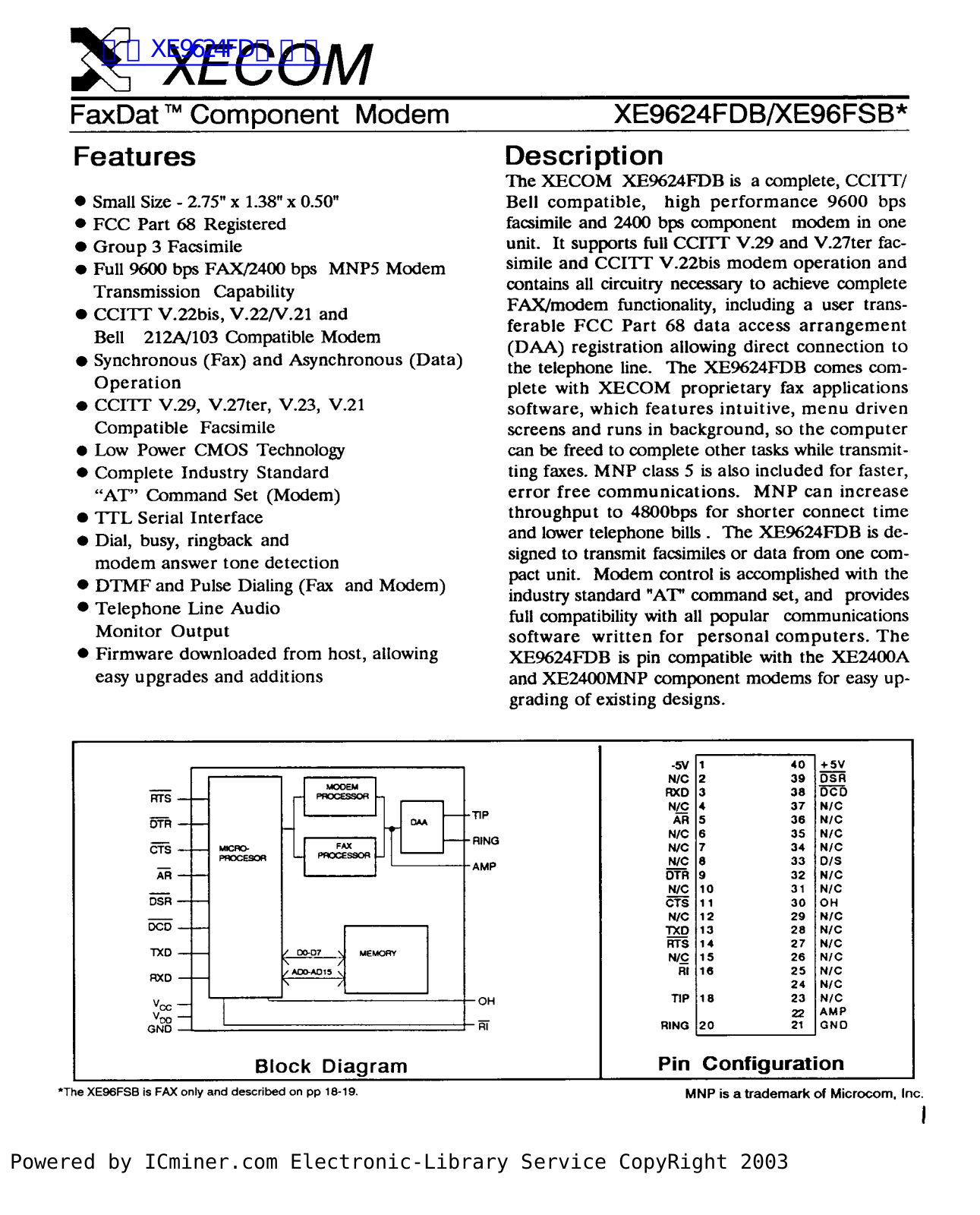 XECOM XE9624FDB Technical data