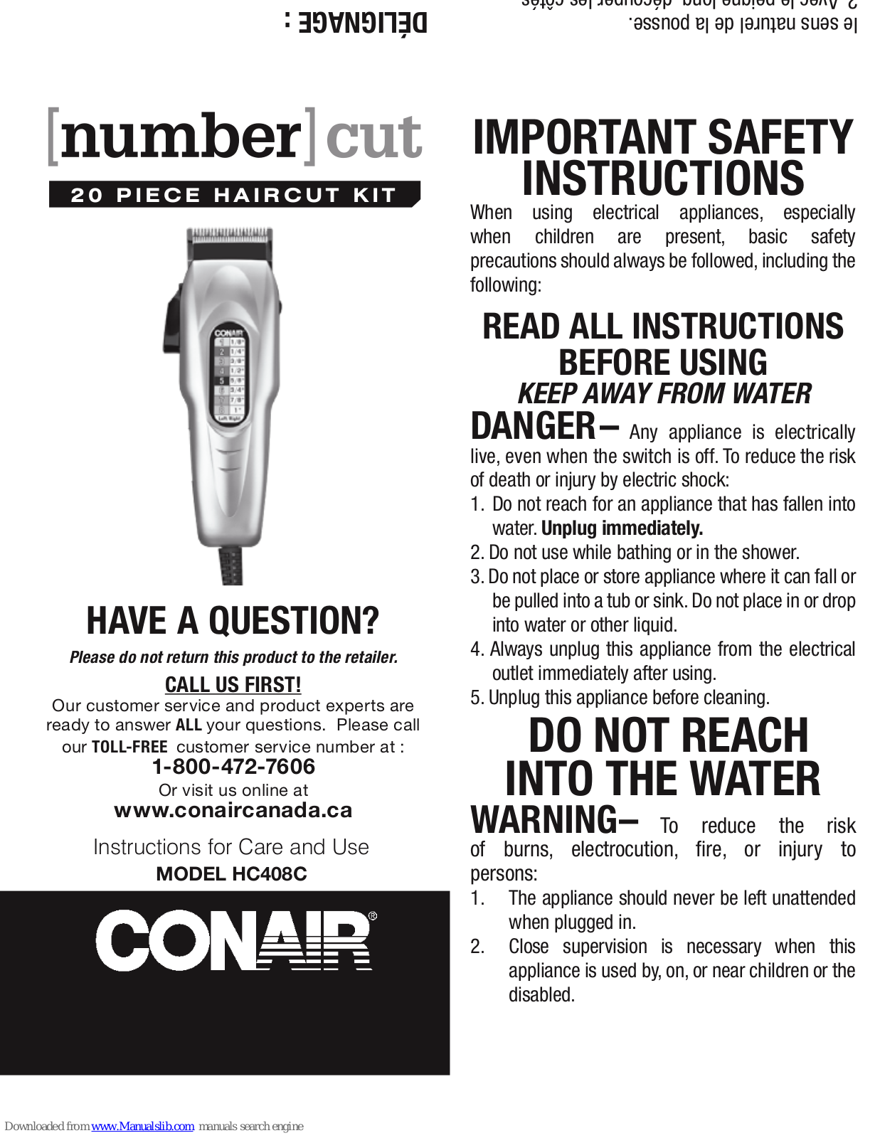 Conair number cut HC408C Instructions For Care And Use