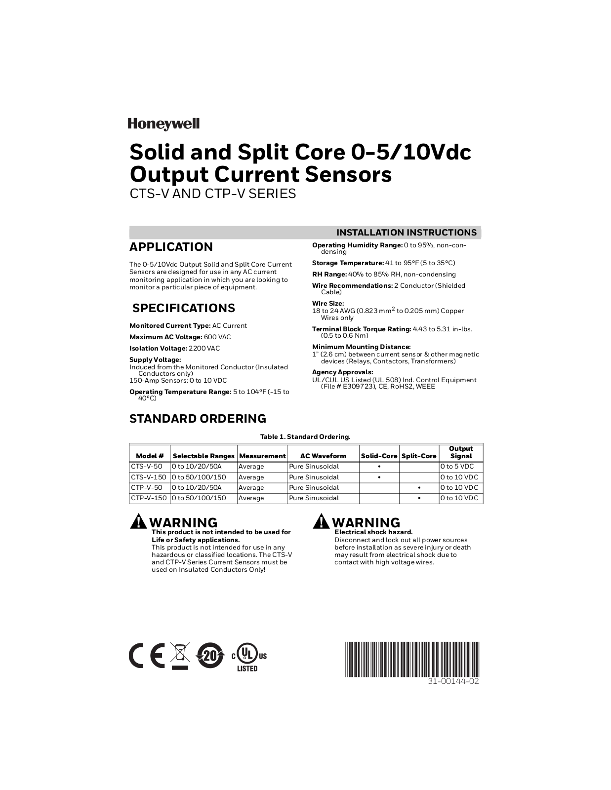 Honeywell CTS-V SERIES, CTP-V SERIES Installation Instructions