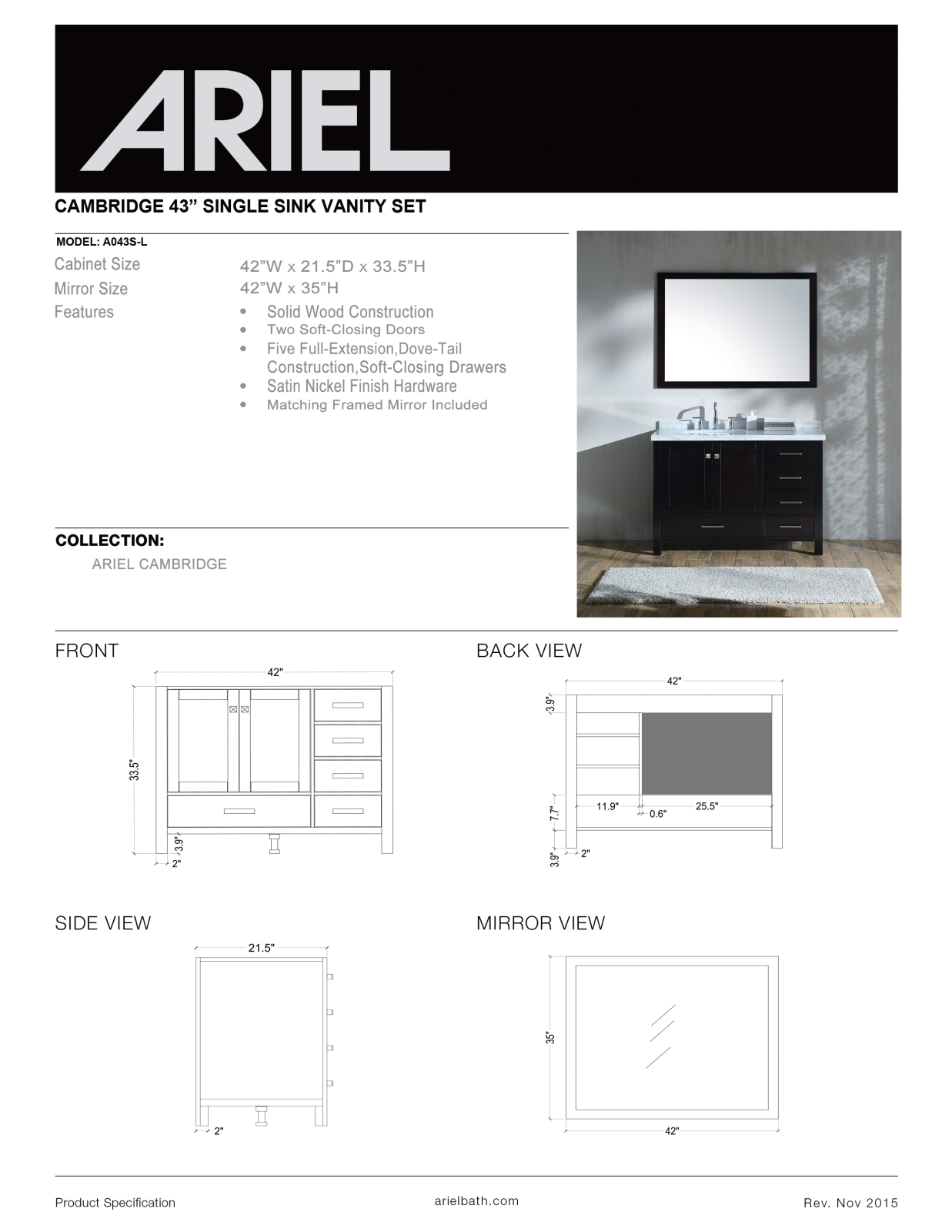 Ariel A043SLVOESP, A043SLWHT, A043SLCWRGRY, A043SLCWRVOGRY, A043SLCWRVOESP Specifications - ManualMachine.com