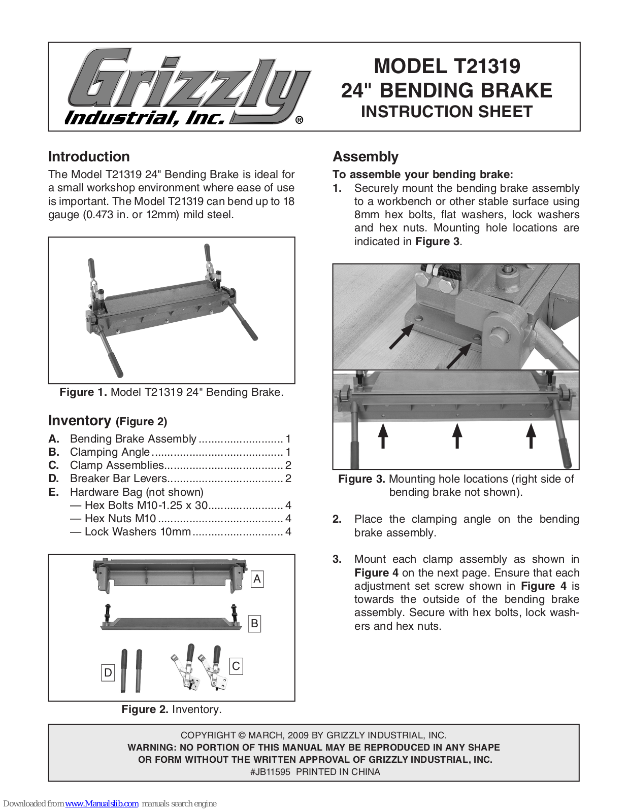 Grizzly Bending Brake T21319 Instruction Sheet