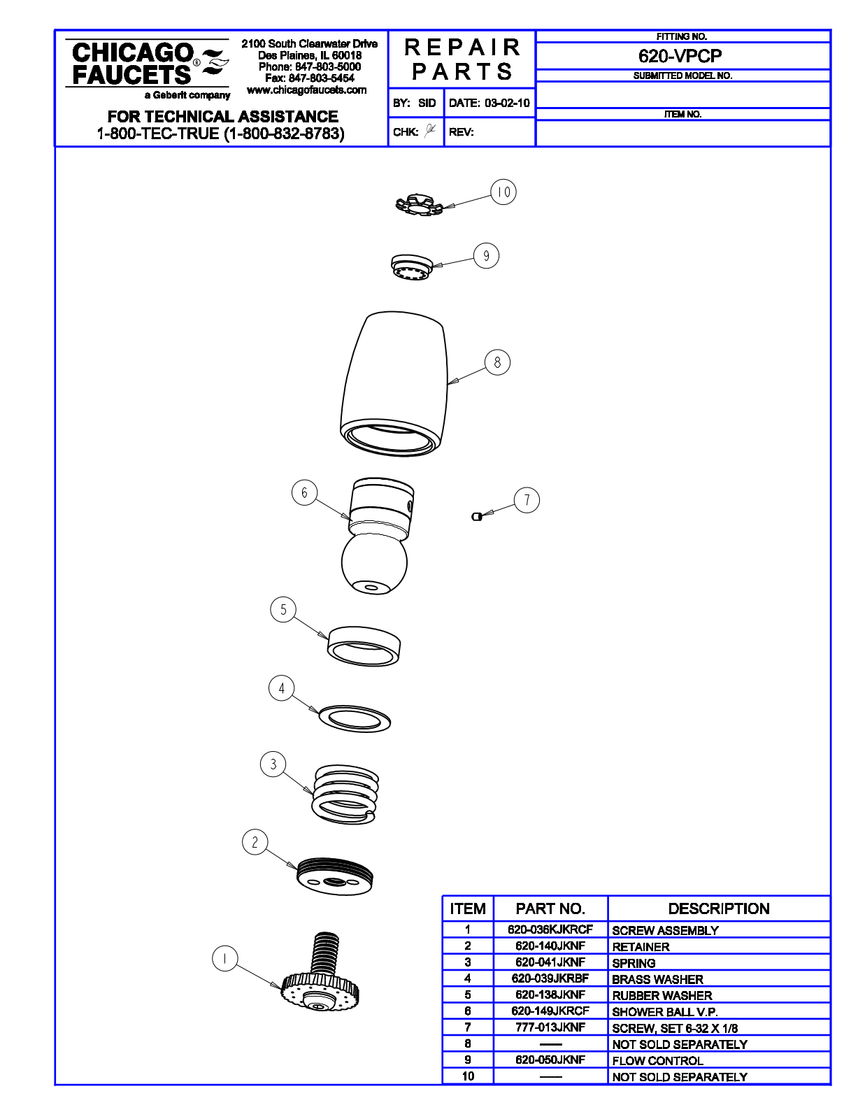 Chicago Faucet 620-VPCP Parts List