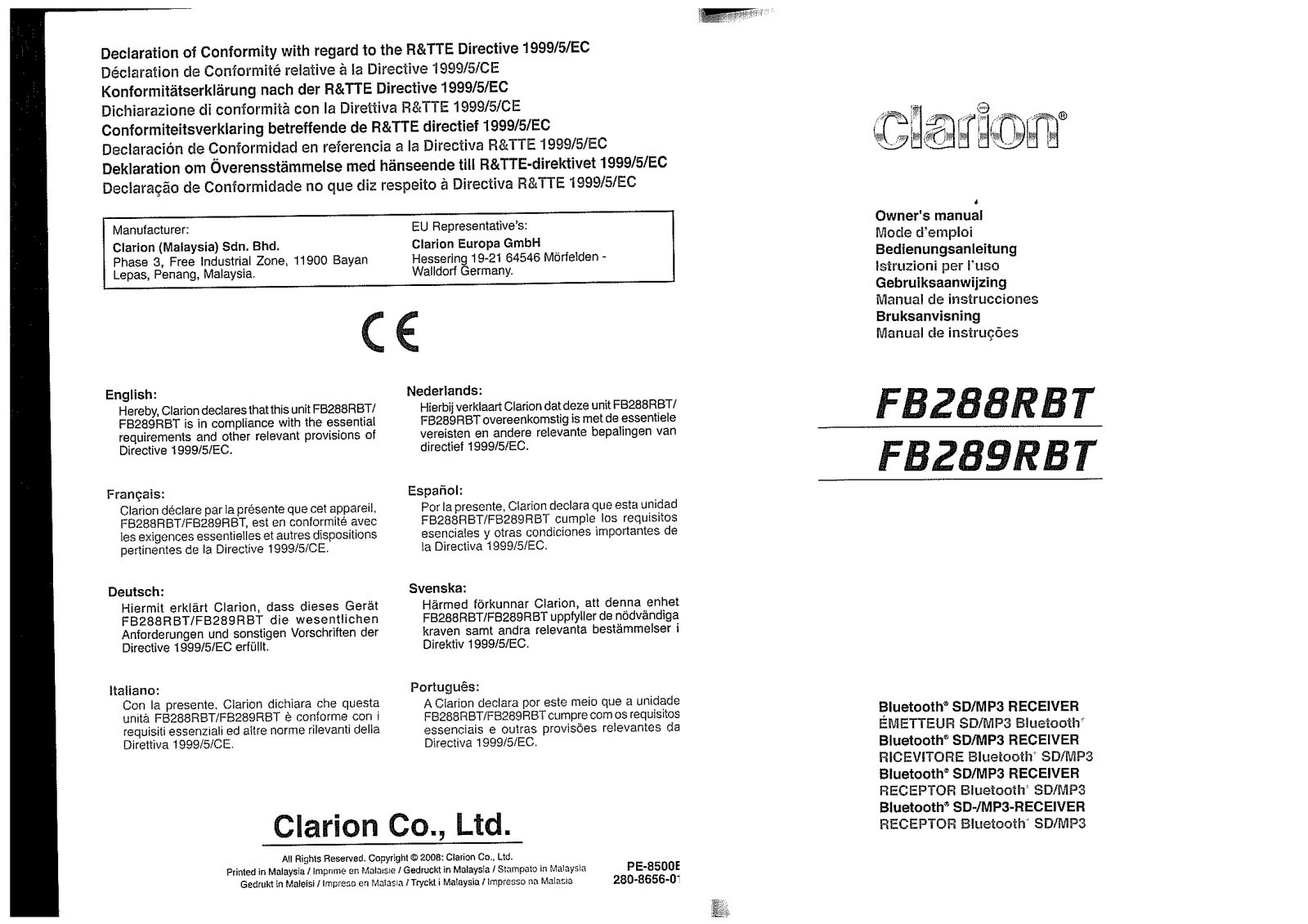 CLARION FB289RBT User Manual